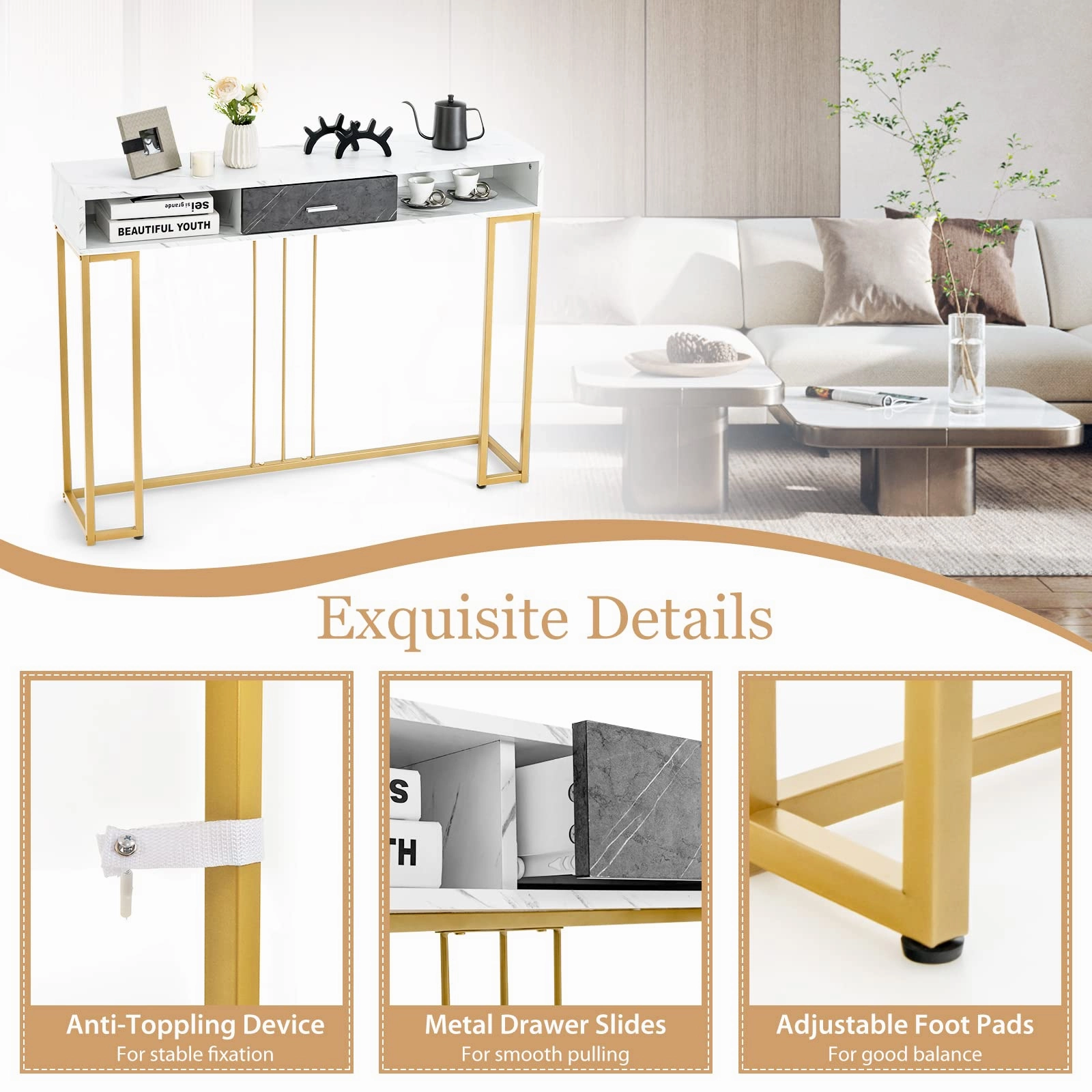 Giantex Console Table with Drawer - Sofa Side Table with Anti-Toppling Device & Adjustable Foot Pads