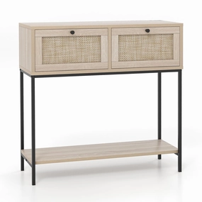 Giantex Console Table with Rattan Drawers - 31.5" Entryway Table w/ 2 Drawers & Open Storage Shelf cowhide rug, animal hide rug