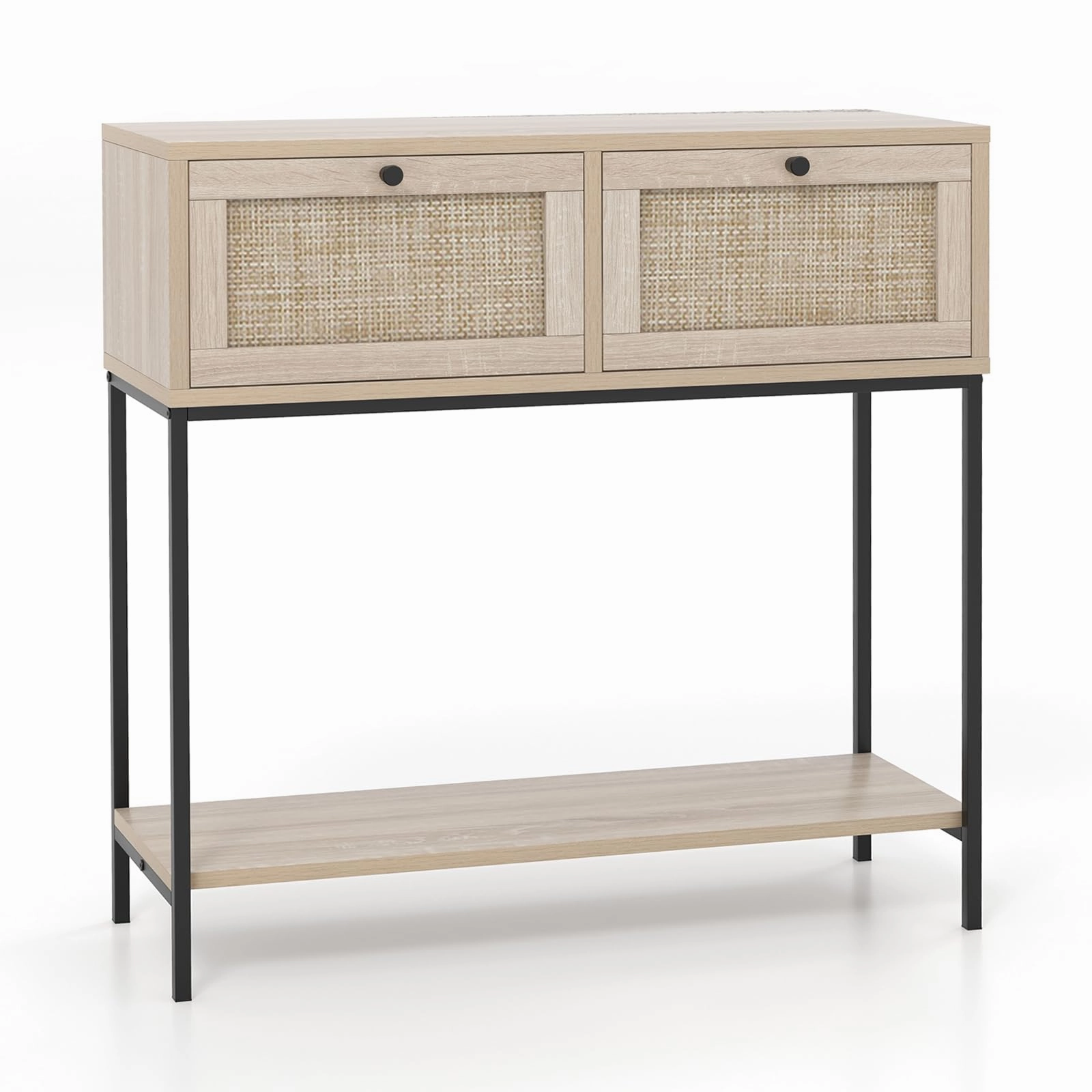 Giantex Console Table with Rattan Drawers - 31.5" Entryway Table w/ 2 Drawers & Open Storage Shelf cowhide rug, animal hide rug