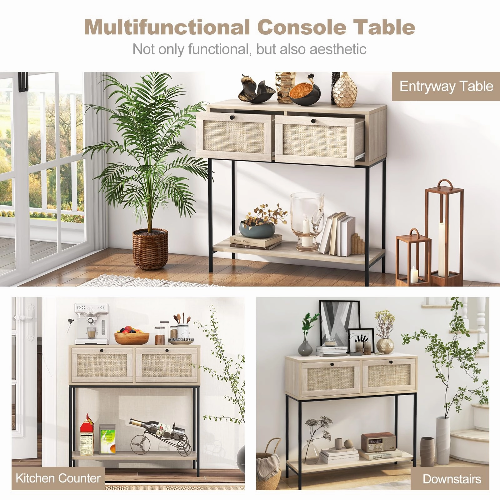 Giantex Console Table with Rattan Drawers - 31.5" Entryway Table w/ 2 Drawers & Open Storage Shelf