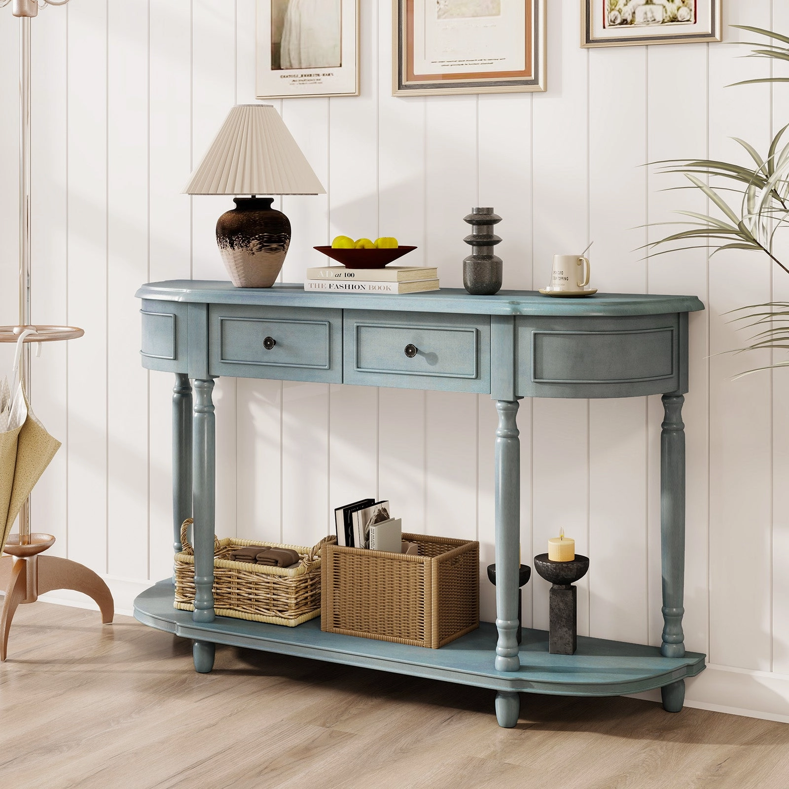 Giantex Console Table with Storage, 52 Long Sofa Table with 2 Drawers, Open Shelf, Solid Wood Legs