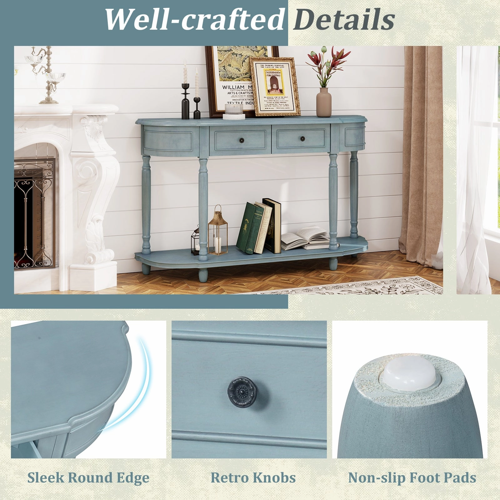 Giantex Console Table with Storage, 52 Long Sofa Table with 2 Drawers, Open Shelf, Solid Wood Legs