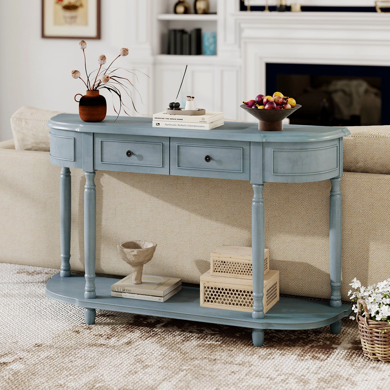 Giantex Console Table with Storage, 52 Long Sofa Table with 2 Drawers, Open Shelf, Solid Wood Legs
