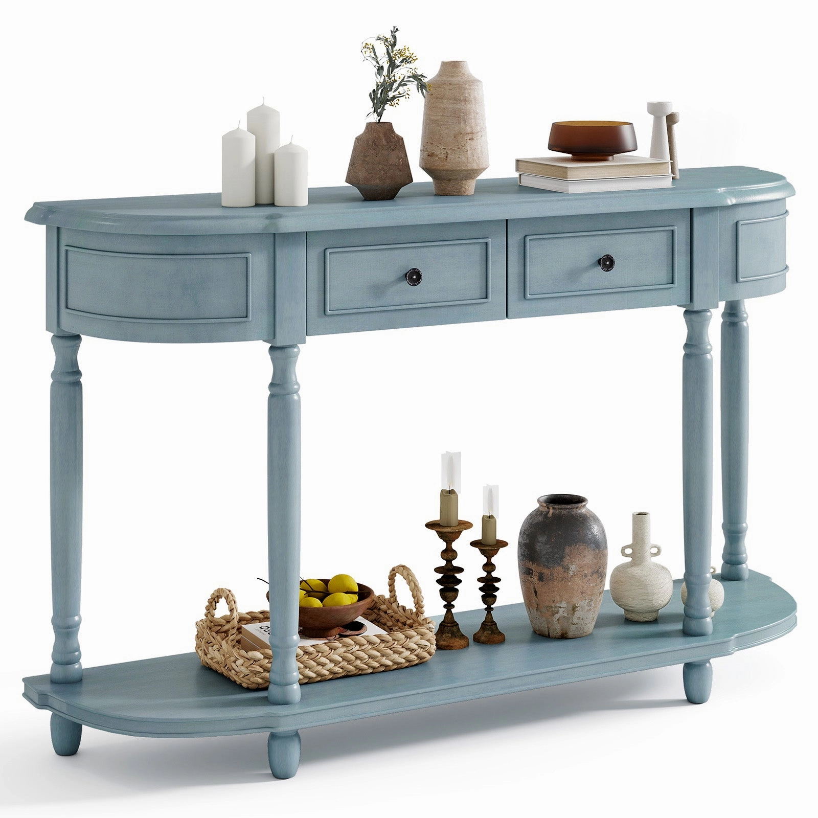 Giantex Console Table with Storage, 52 Long Sofa Table with 2 Drawers, Open Shelf, Solid Wood Legs cowhide rug, animal hide rug