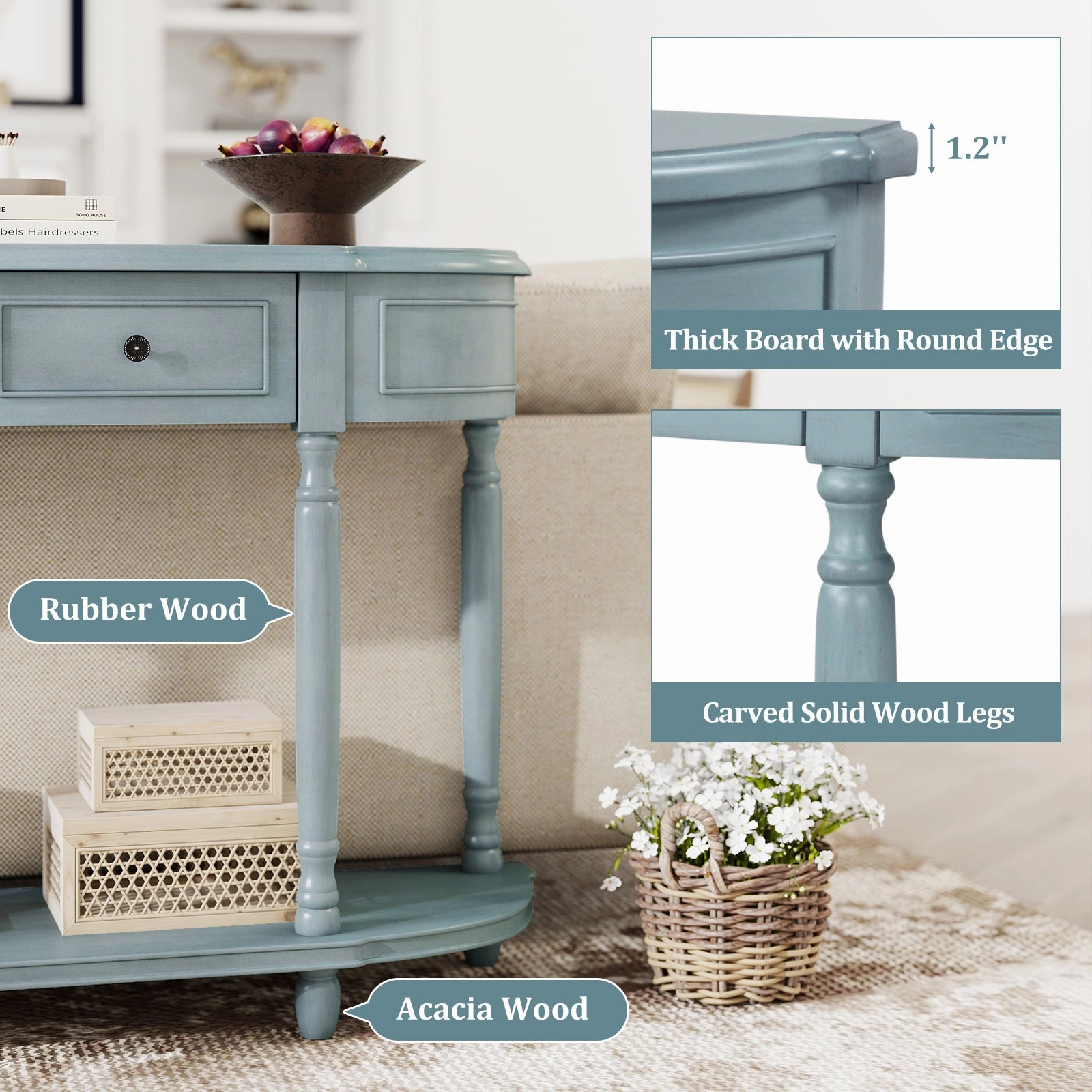 Giantex Console Table with Storage, 52 Long Sofa Table with 2 Drawers, Open Shelf, Solid Wood Legs