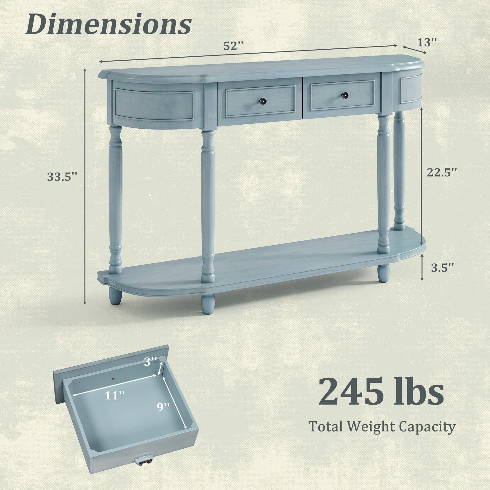 Giantex Console Table with Storage, 52 Long Sofa Table with 2 Drawers, Open Shelf, Solid Wood Legs