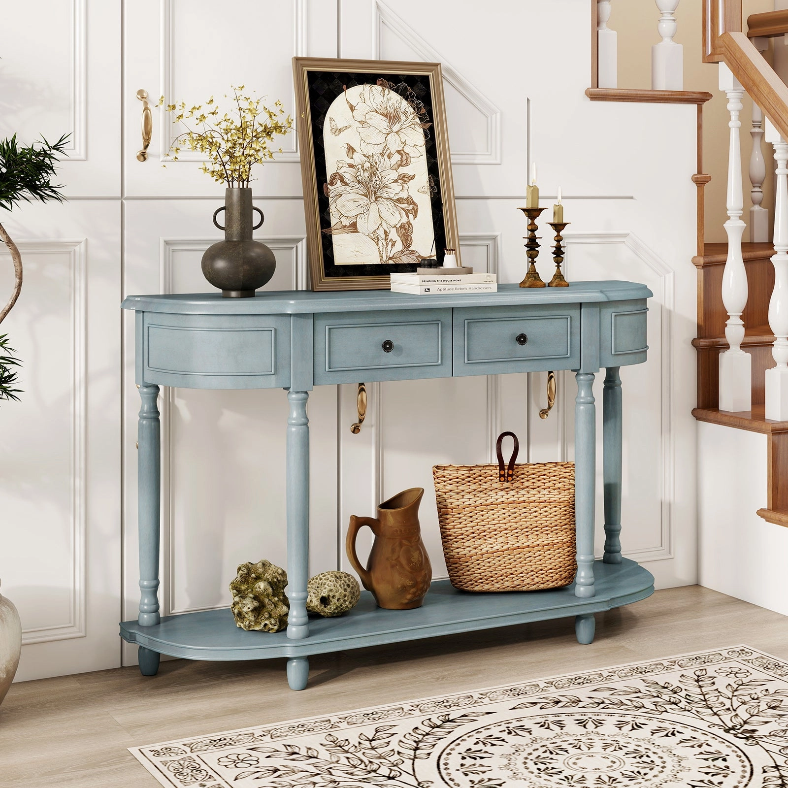 Giantex Console Table with Storage, 52 Long Sofa Table with 2 Drawers, Open Shelf, Solid Wood Legs