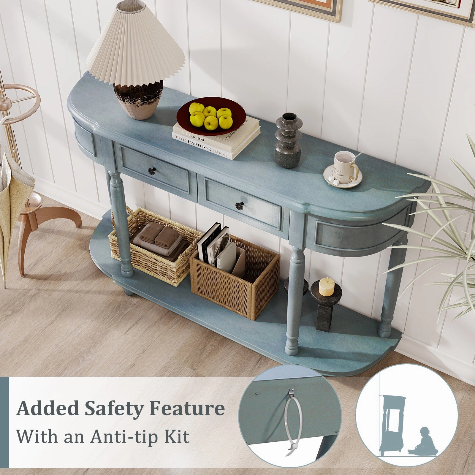 Giantex Console Table with Storage, 52 Long Sofa Table with 2 Drawers, Open Shelf, Solid Wood Legs