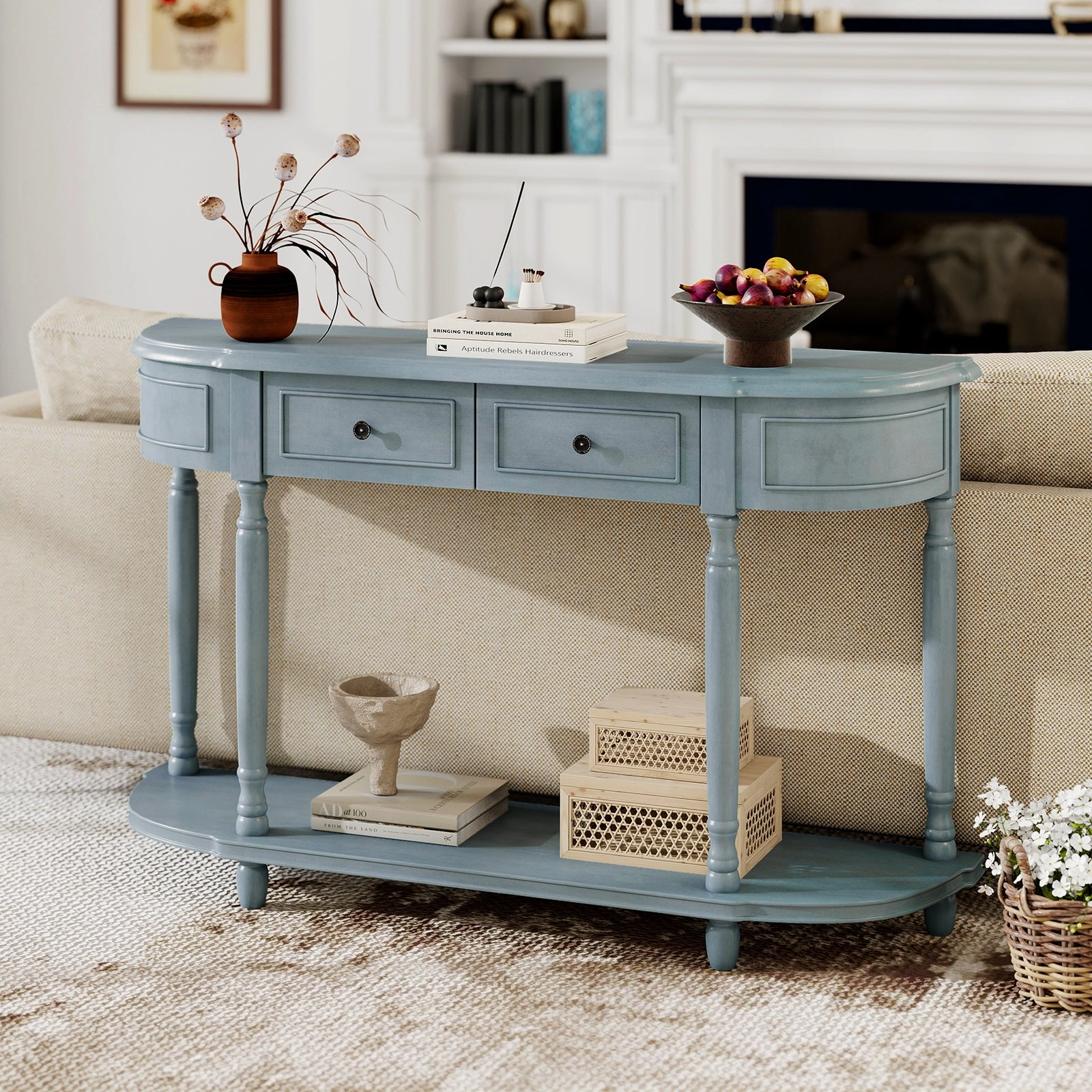 Giantex Console Table with Storage, 52 Long Sofa Table with 2 Drawers, Open Shelf, Solid Wood Legs