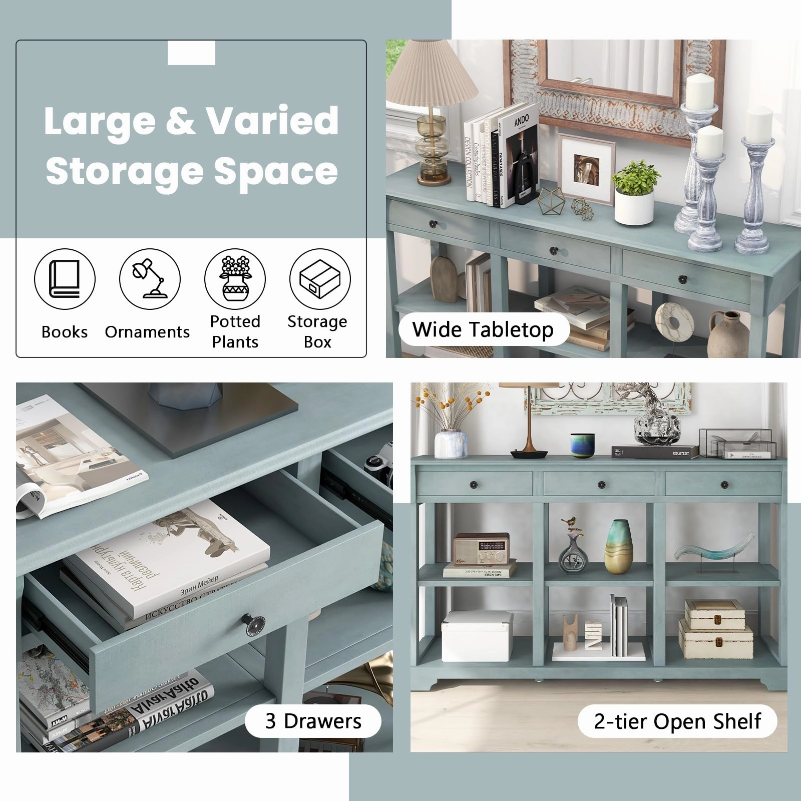 Giantex Console Table with Storage, 58 Long Sofa Table with 3 Drawers & Open Shelves