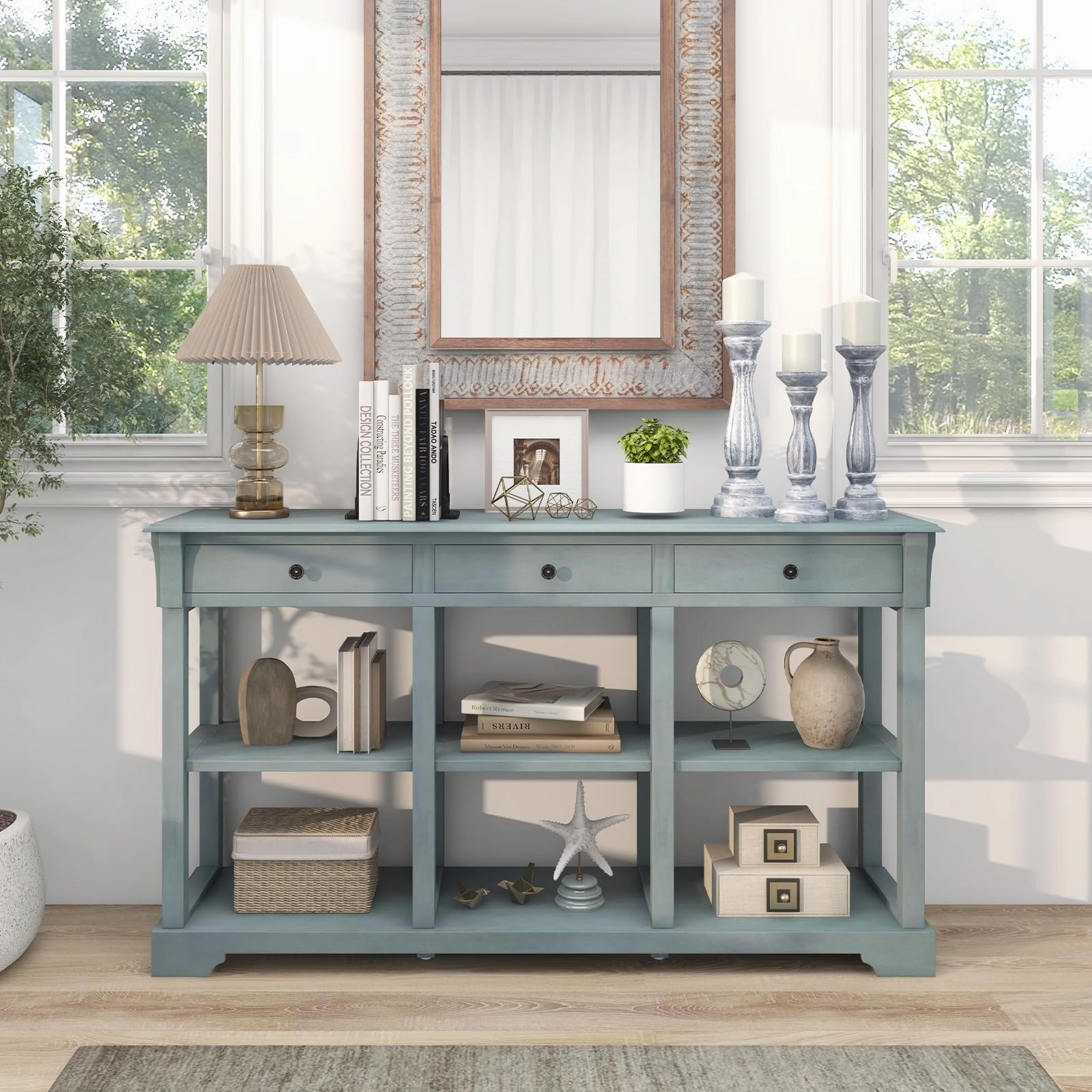 Giantex Console Table with Storage, 58 Long Sofa Table with 3 Drawers & Open Shelves