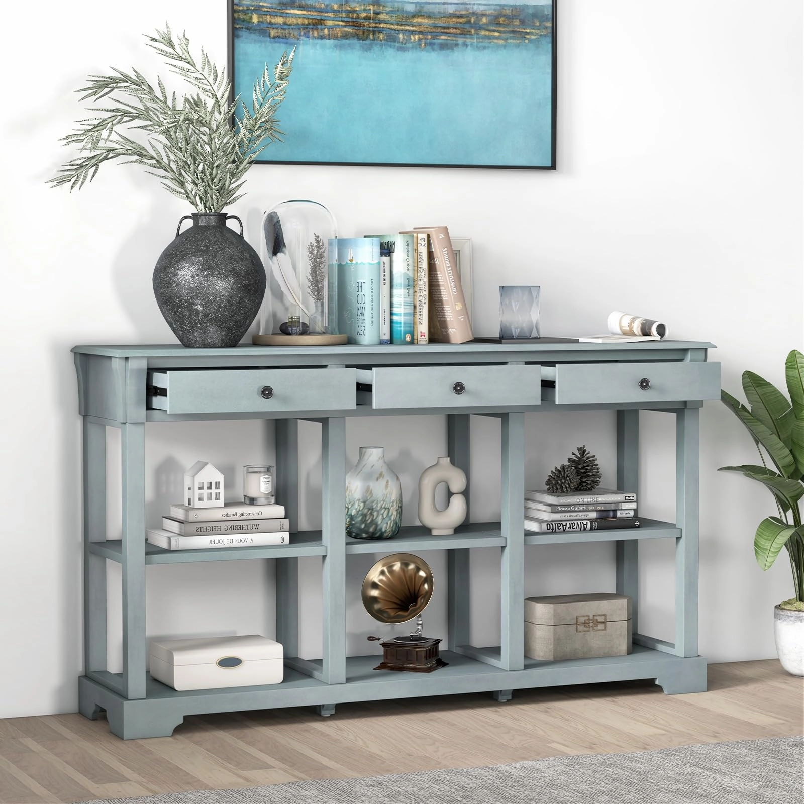 Giantex Console Table with Storage, 58 Long Sofa Table with 3 Drawers & Open Shelves
