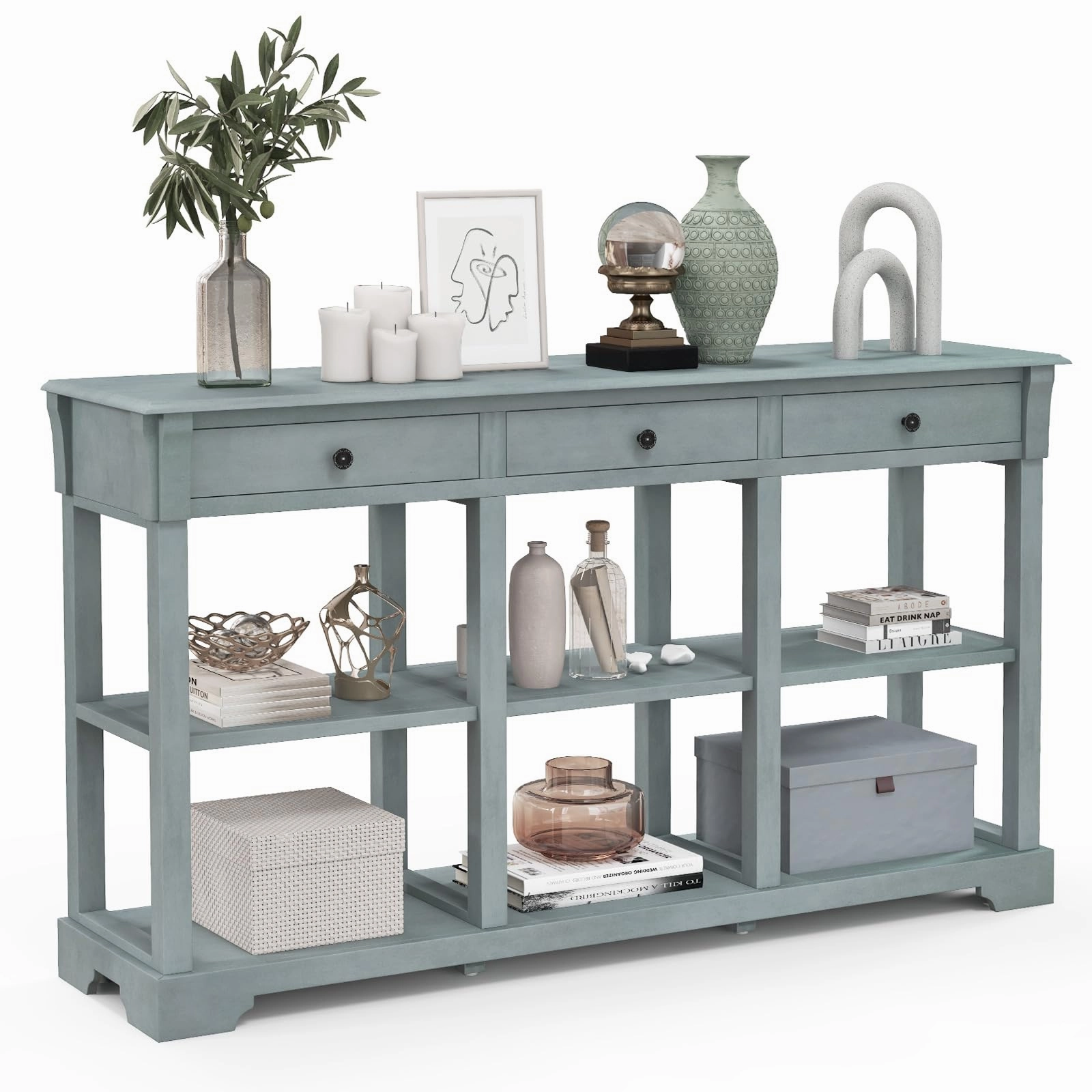 Giantex Console Table with Storage, 58 Long Sofa Table with 3 Drawers & Open Shelves throw pillow, fuzzy blanket