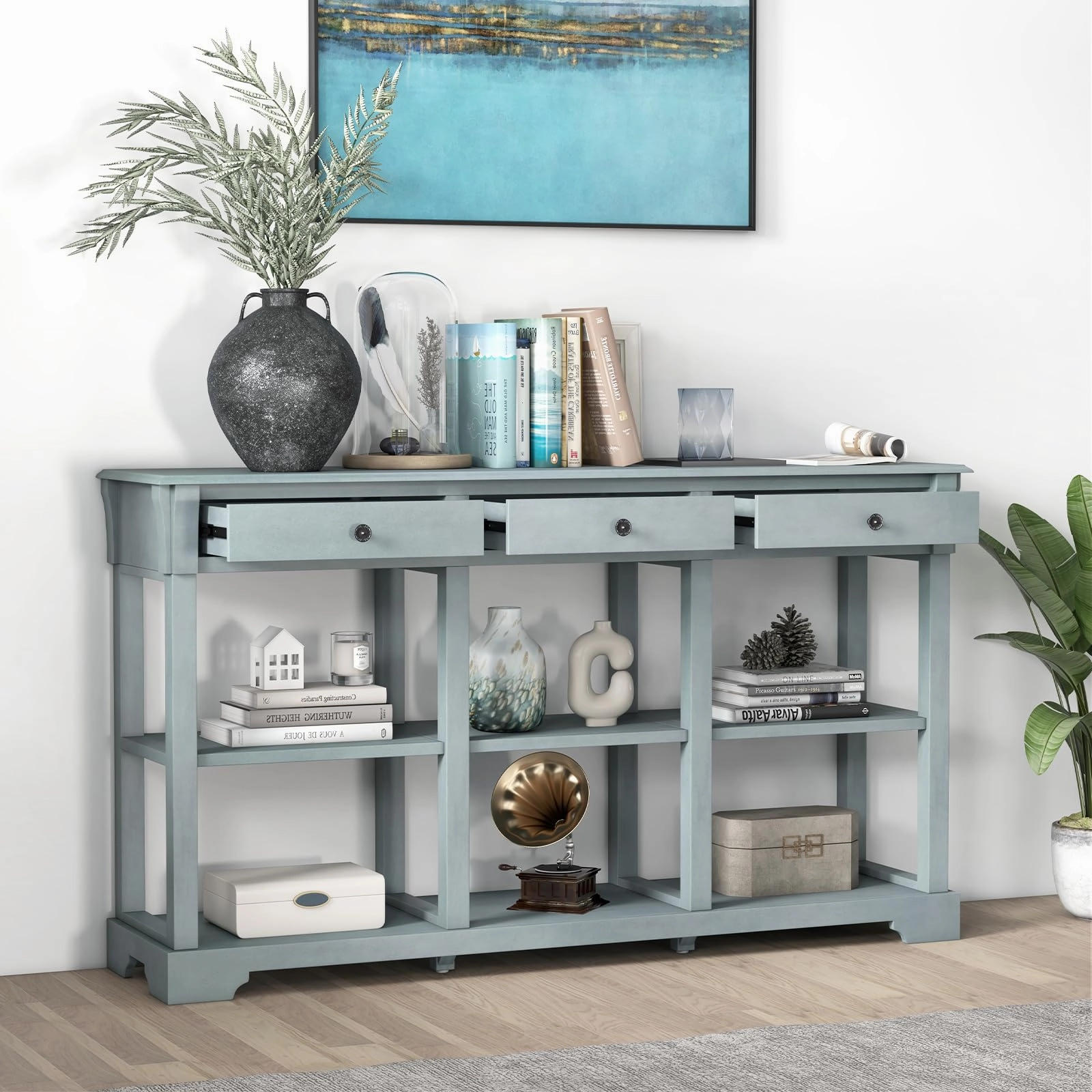 Giantex Console Table with Storage, 58 Long Sofa Table with 3 Drawers & Open Shelves