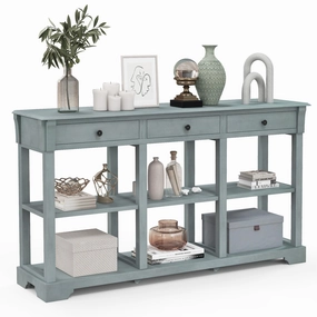 Giantex Console Table with Storage, 58 Long Sofa Table with 3 Drawers & Open Shelves cowhide rug, animal hide rug