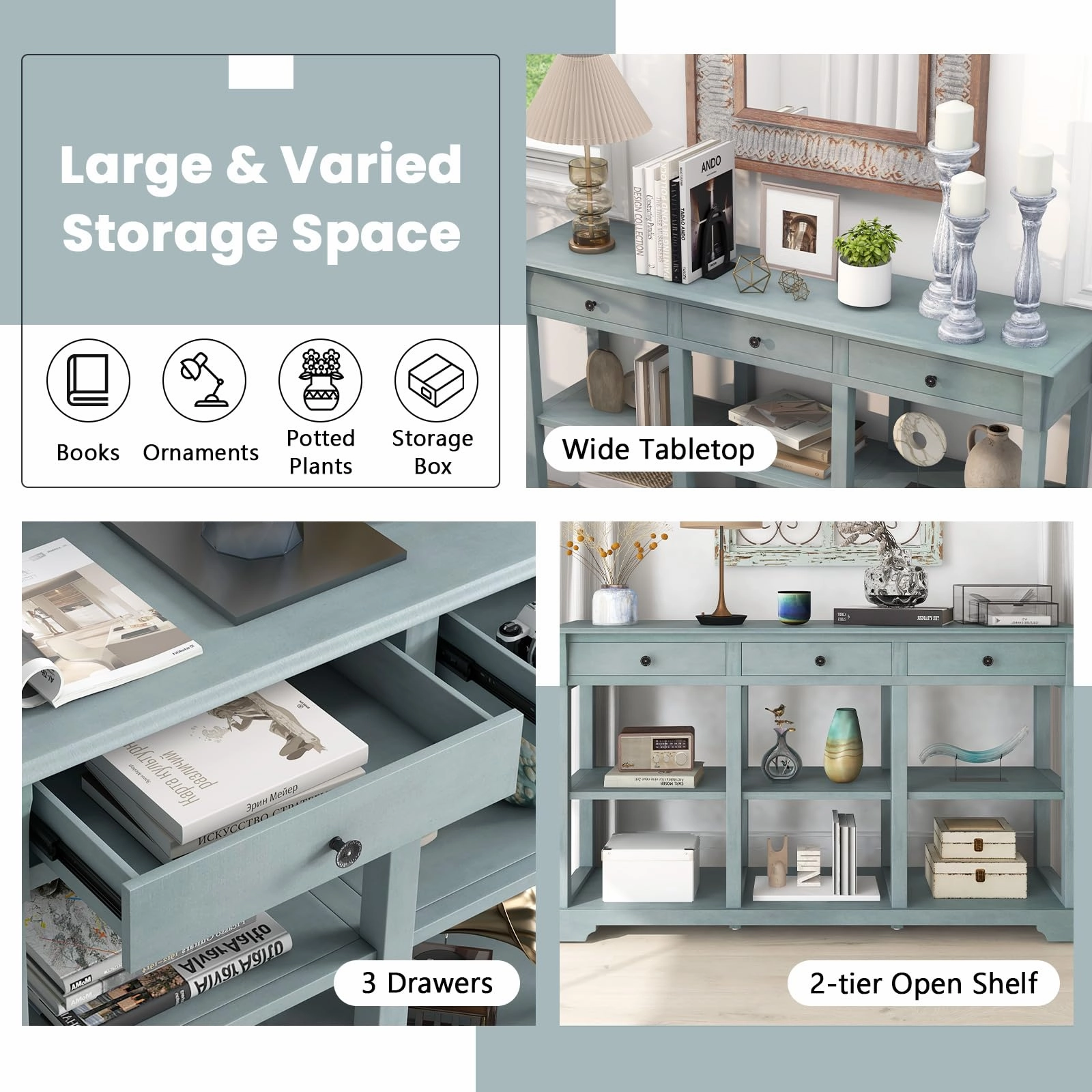 Giantex Console Table with Storage, 58 Long Sofa Table with 3 Drawers & Open Shelves