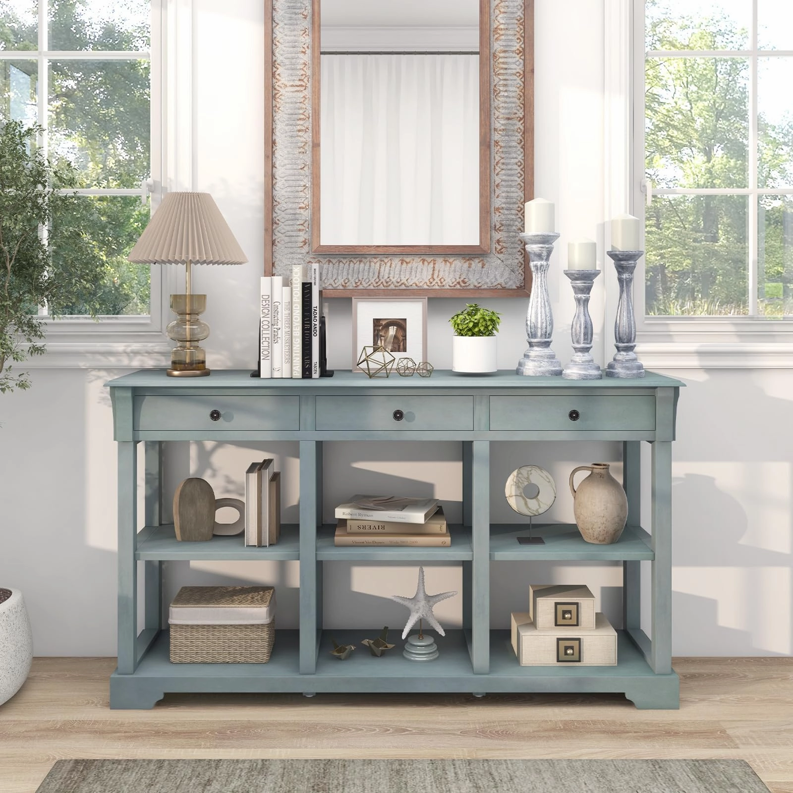 Giantex Console Table with Storage, 58 Long Sofa Table with 3 Drawers & Open Shelves
