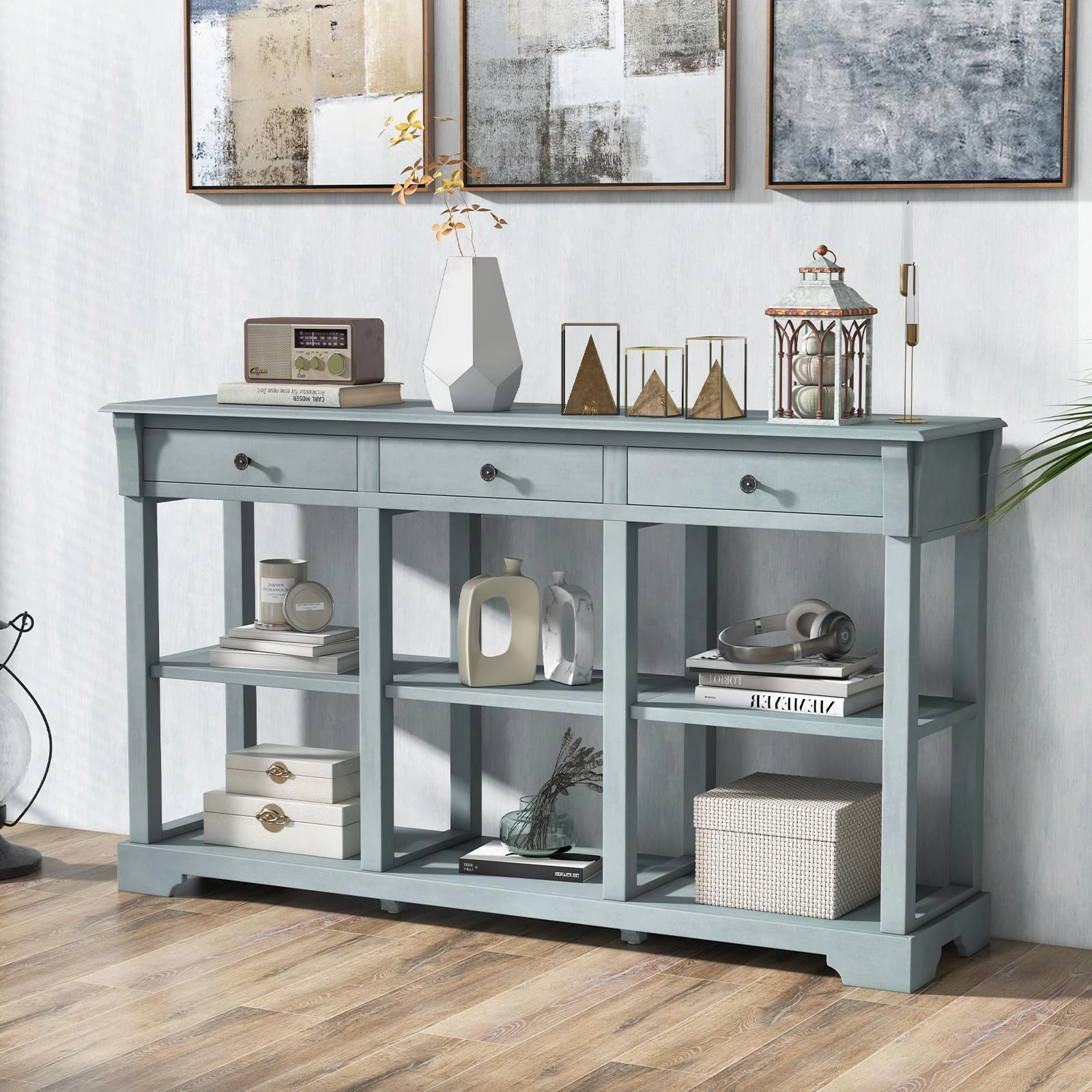 Giantex Console Table with Storage, 58 Long Sofa Table with 3 Drawers & Open Shelves