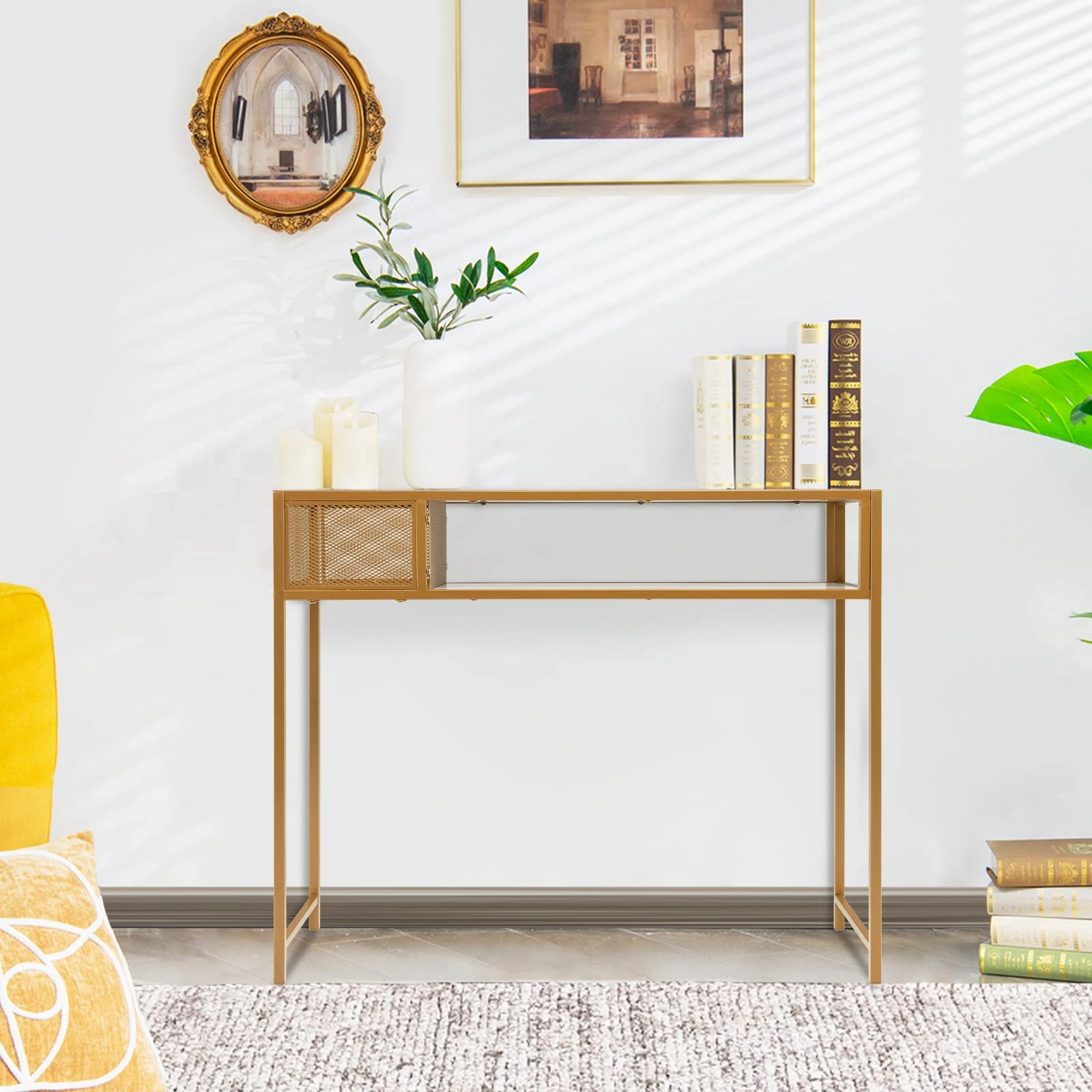 Giantex Console Tables for Entryway - Faux Marble Sofa Table with Wire Basket, 43.5" x 16" x 35.5" Entry Table