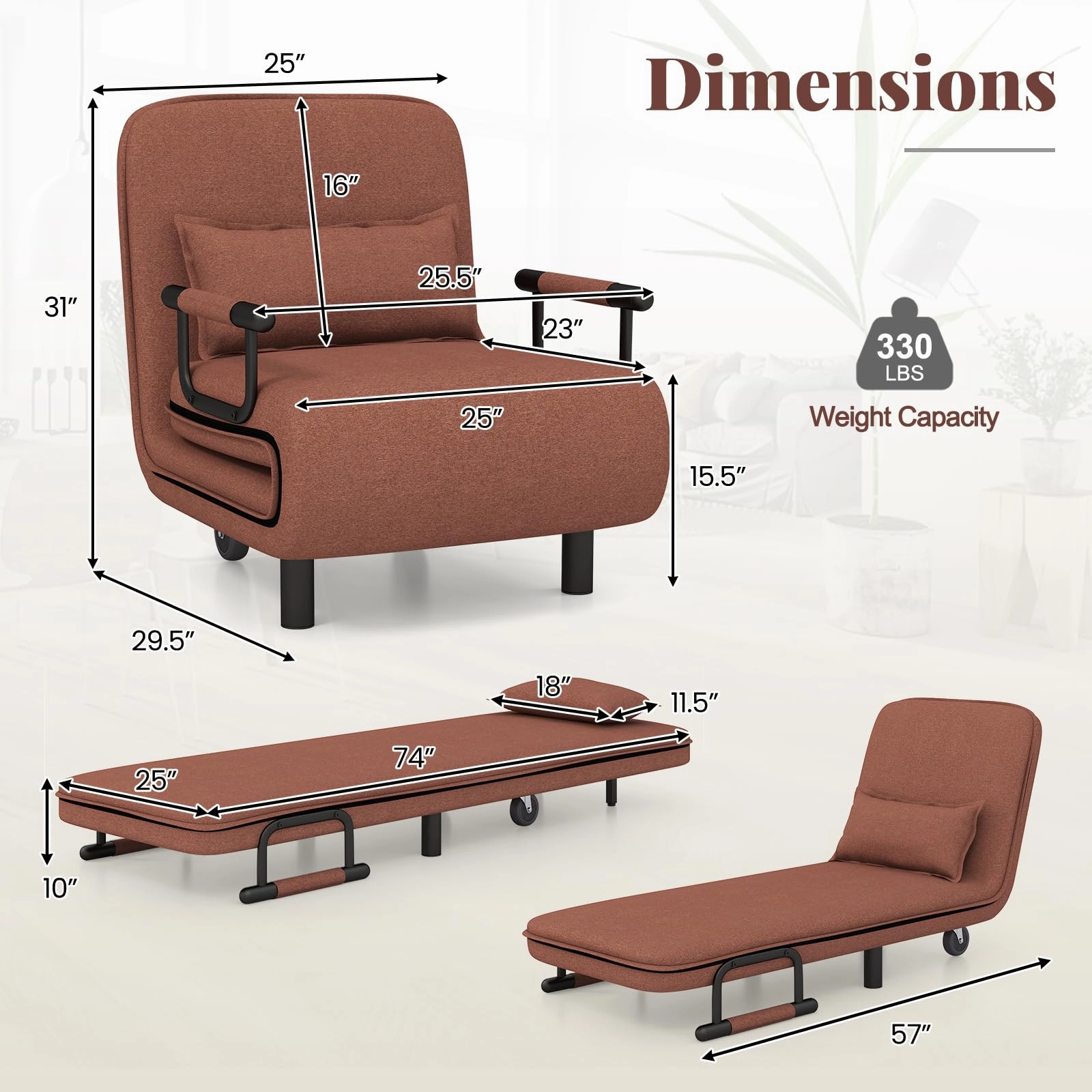Giantex Convertible Sofa Bed, 3-in-1 Folding Sleeper Chair with 5-Position Adjustable Backrest