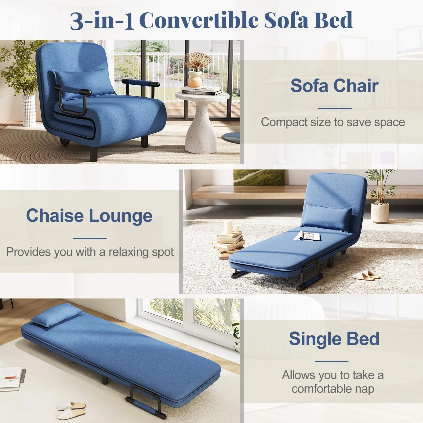 Giantex Convertible Sofa Bed, 3-in-1 Folding Sleeper Chair with 5-Position Adjustable Backrest, Wheels, 2 Legs