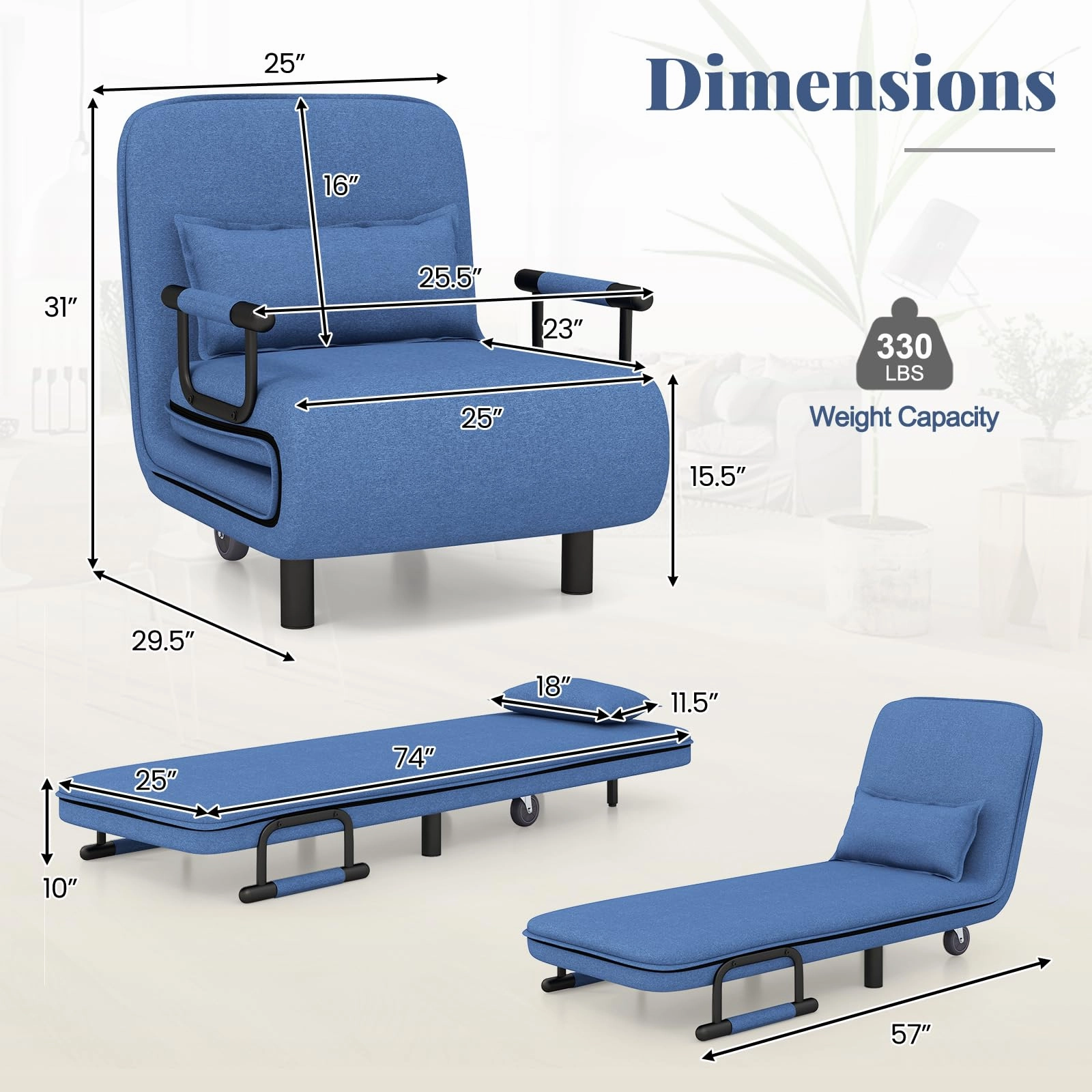 Giantex Convertible Sofa Bed, 3-in-1 Folding Sleeper Chair with 5-Position Adjustable Backrest, Wheels, 2 Legs