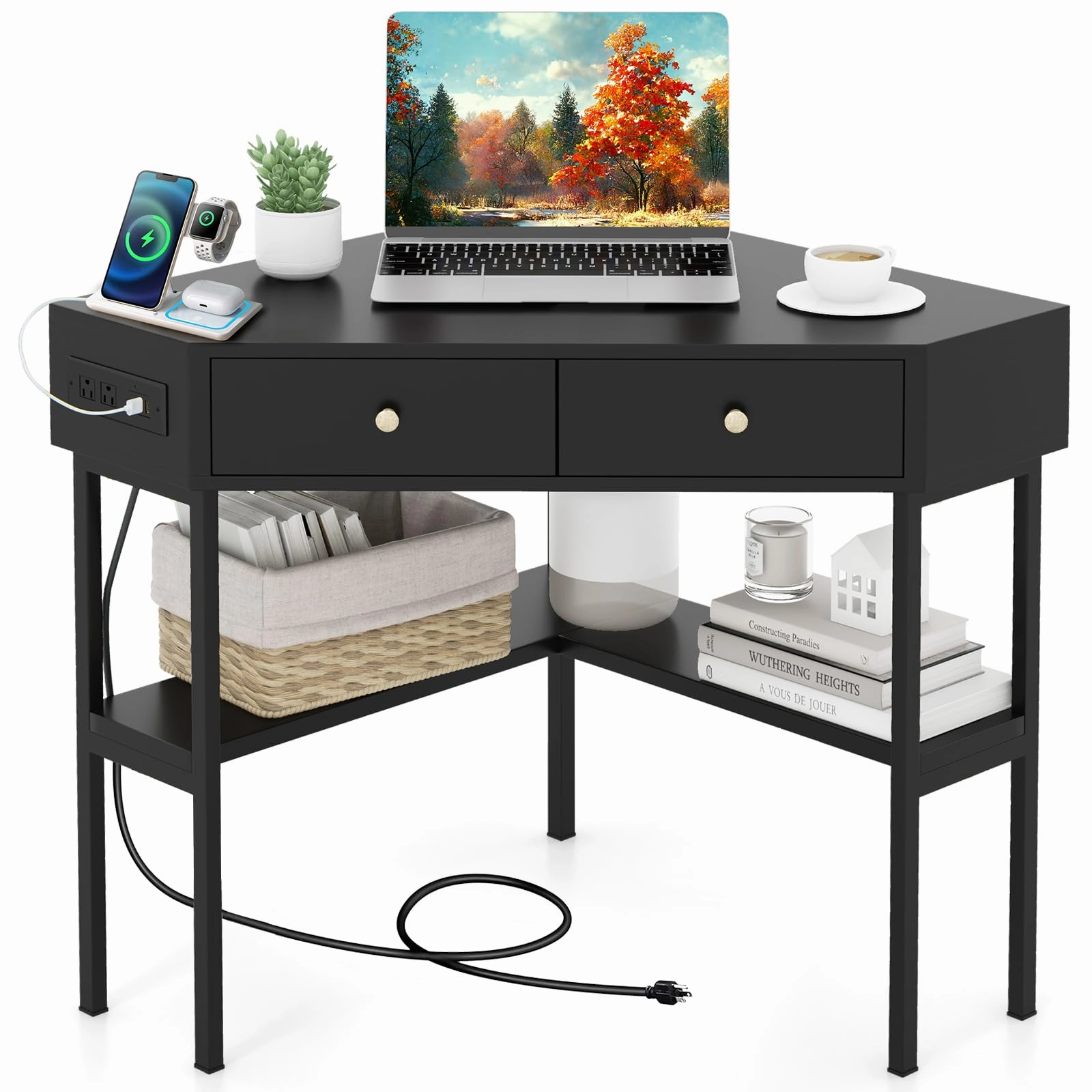 Giantex Corner Desk with Charging Station, 90 Degree Triangle Computer Desk with 2 Drawers & Storage Shelf outdoor dining set, patio table