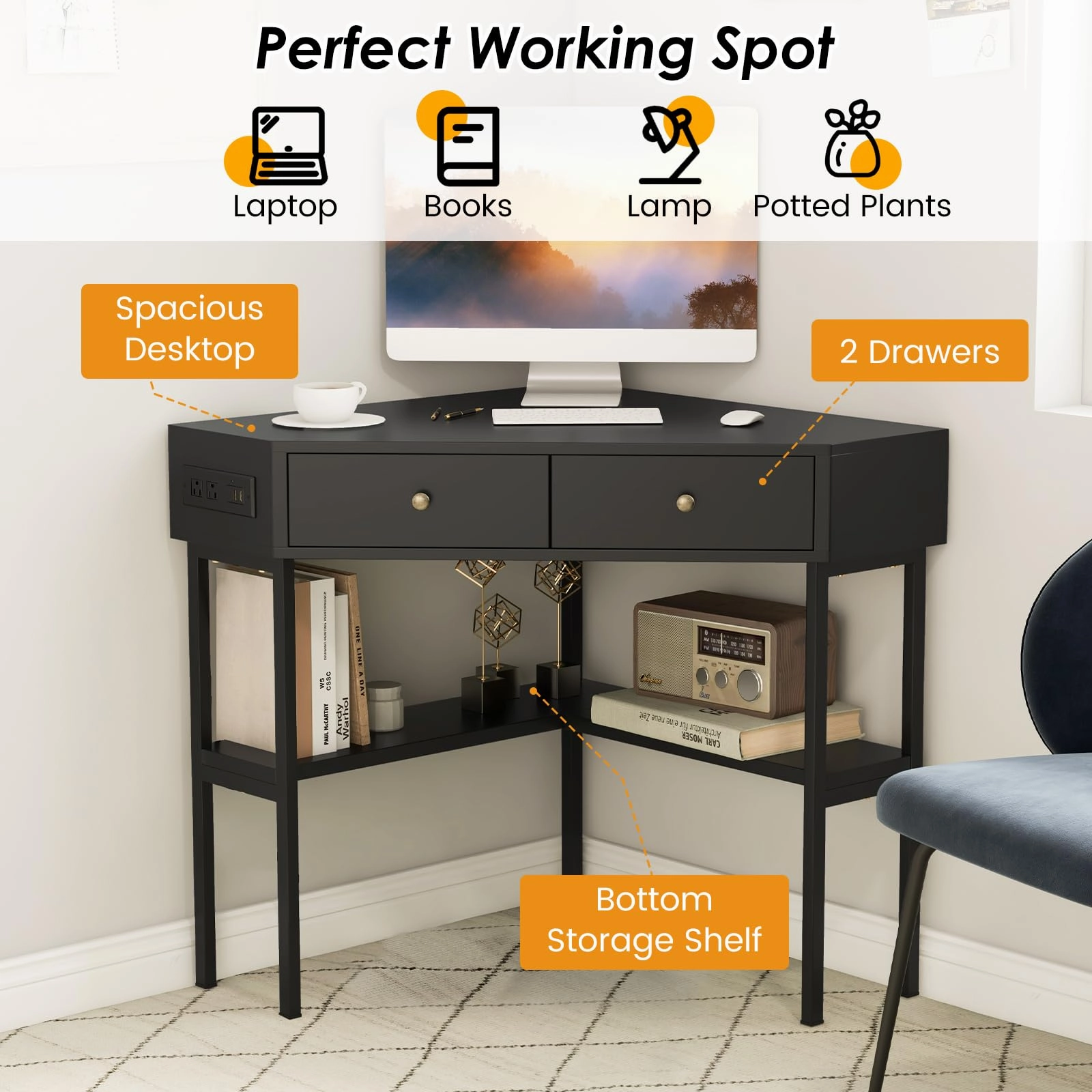Giantex Corner Desk with Charging Station, 90 Degree Triangle Computer Desk with 2 Drawers & Storage Shelf