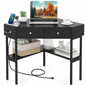 Giantex Corner Desk with Charging Station, 90 Degree Triangle Computer Desk with 2 Drawers & Storage Shelf patio decor, garden accessories