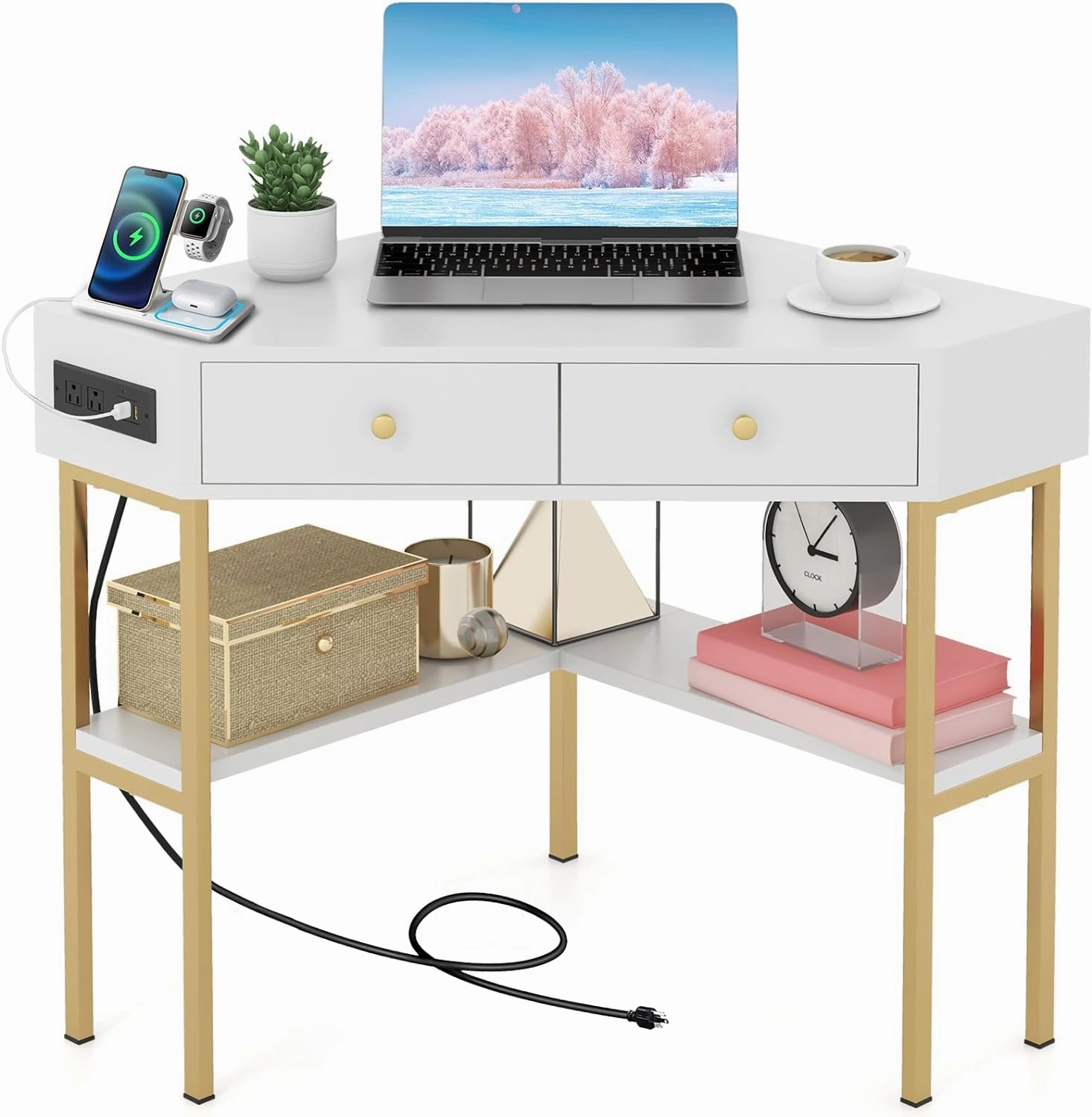 Giantex Corner Desk with Charging Station, 90 Degree Triangle Computer Desk with 2 Drawers & Storage Shelf