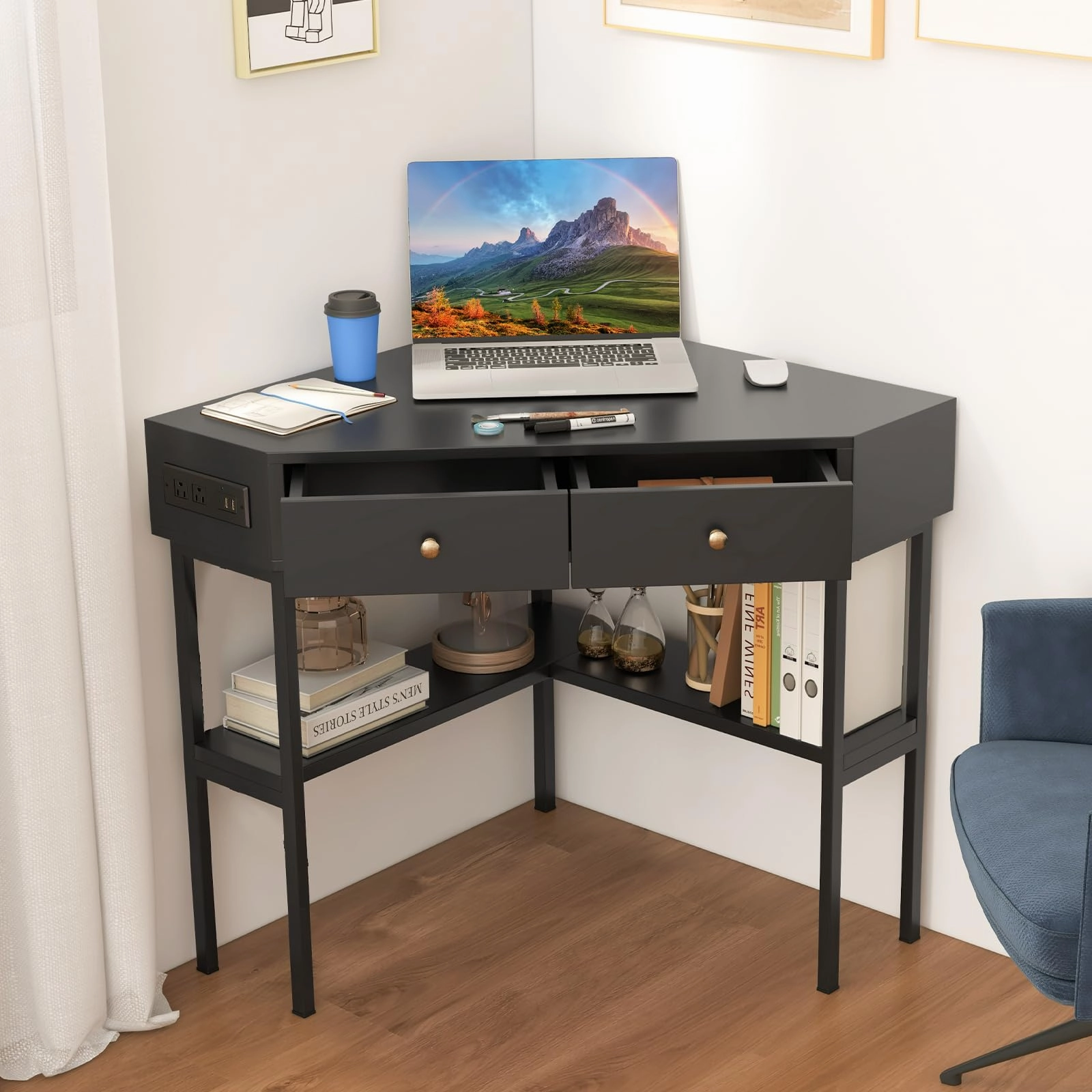 Giantex Corner Desk with Charging Station, 90 Degree Triangle Computer Desk with 2 Drawers & Storage Shelf