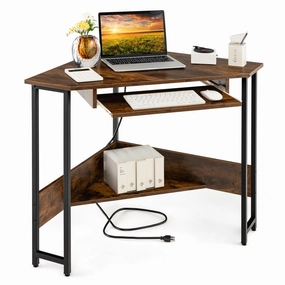 Giantex Corner Desk with Power Outlets, Small Corner Computer Desk w/ Keyboard Tray & Storage Shelf patio decor, garden accessories
