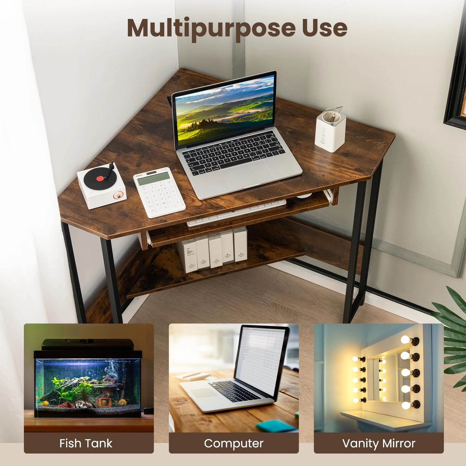 Giantex Corner Desk with Power Outlets, Small Corner Computer Desk w/ Keyboard Tray & Storage Shelf