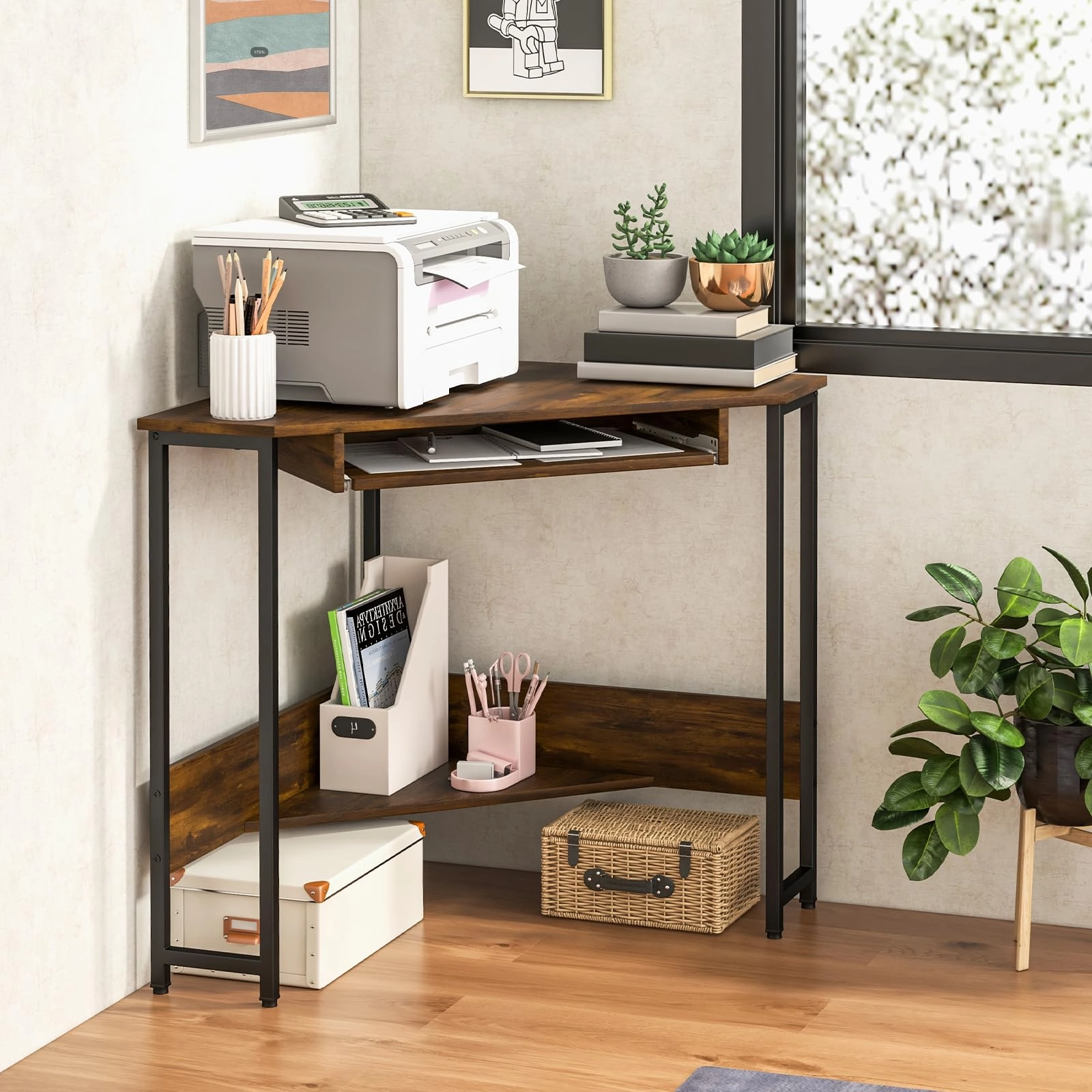 Giantex Corner Desk with Power Outlets, Small Corner Computer Desk w/ Keyboard Tray & Storage Shelf