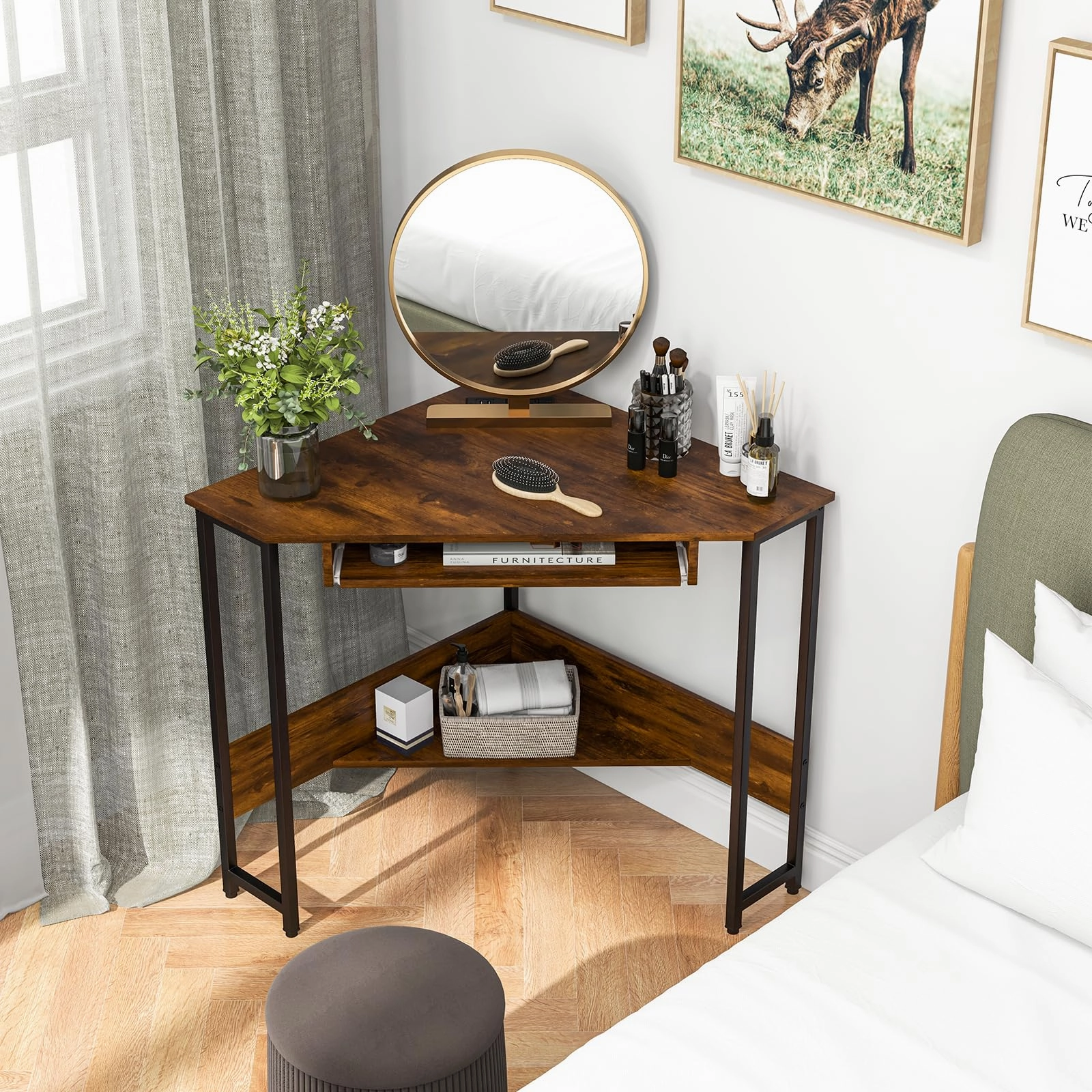 Giantex Corner Desk with Power Outlets, Small Corner Computer Desk w/ Keyboard Tray & Storage Shelf