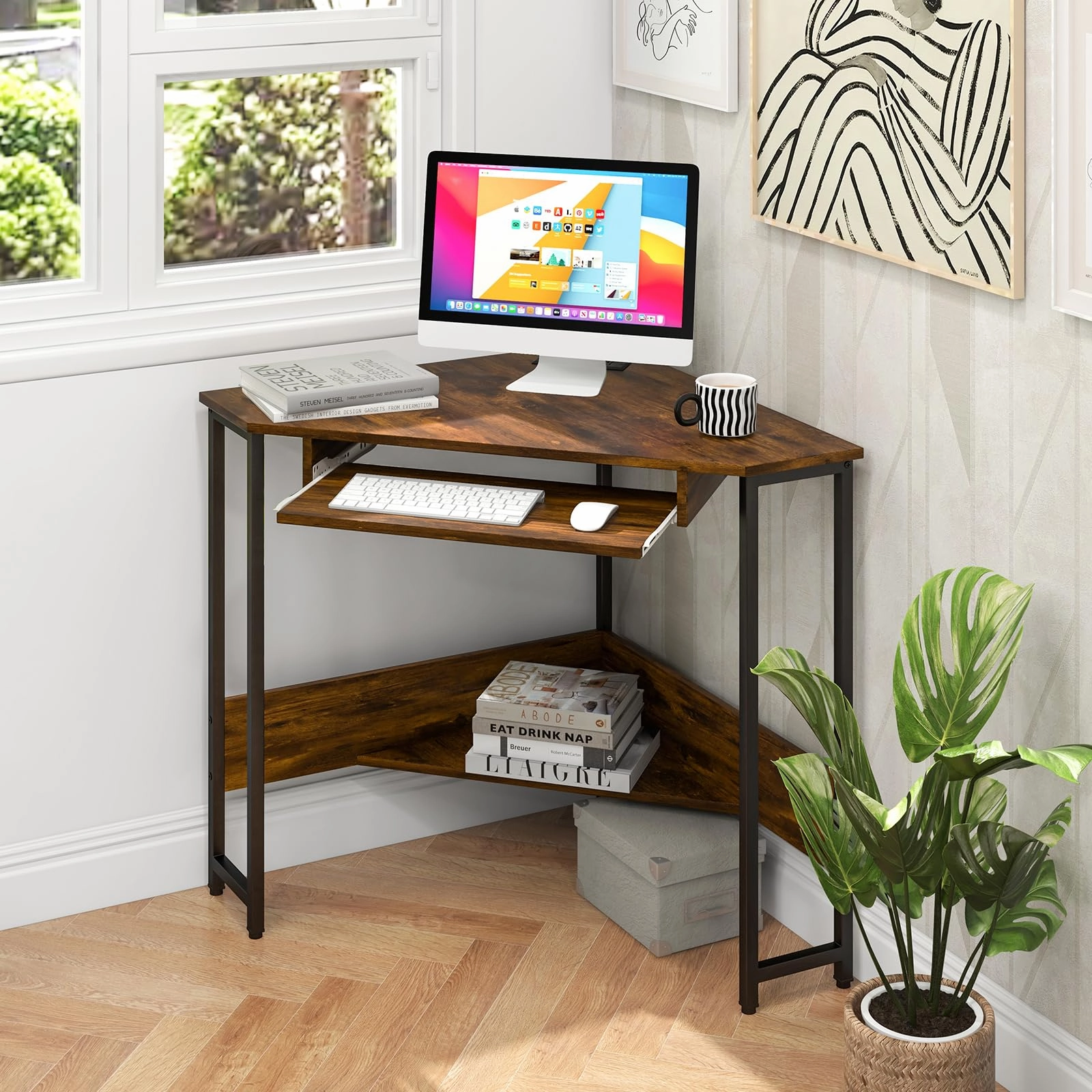 Giantex Corner Desk with Power Outlets, Small Corner Computer Desk w/ Keyboard Tray & Storage Shelf