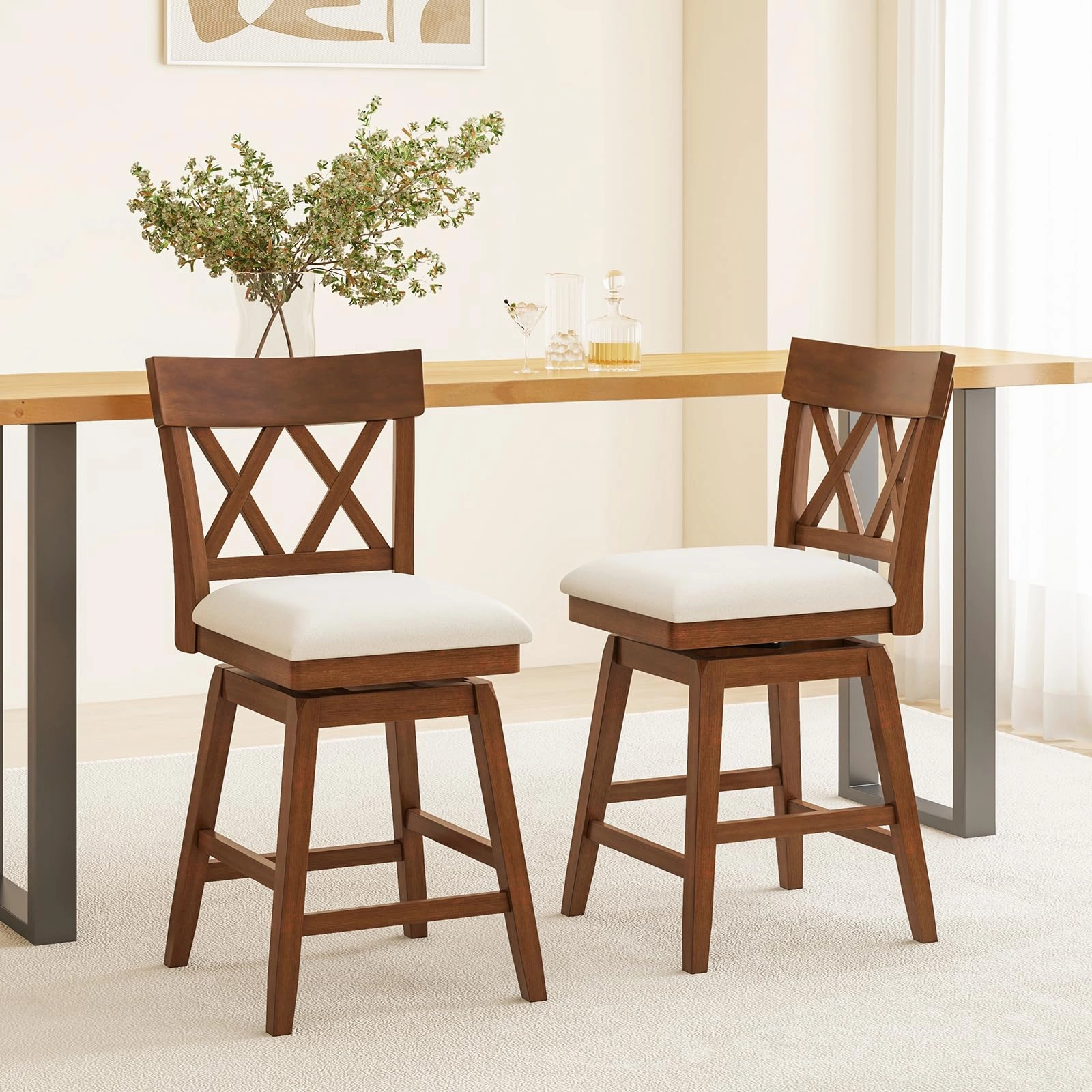 Giantex Counter Height Bar Stool with Crossed Backs and Rubber Wood Legs