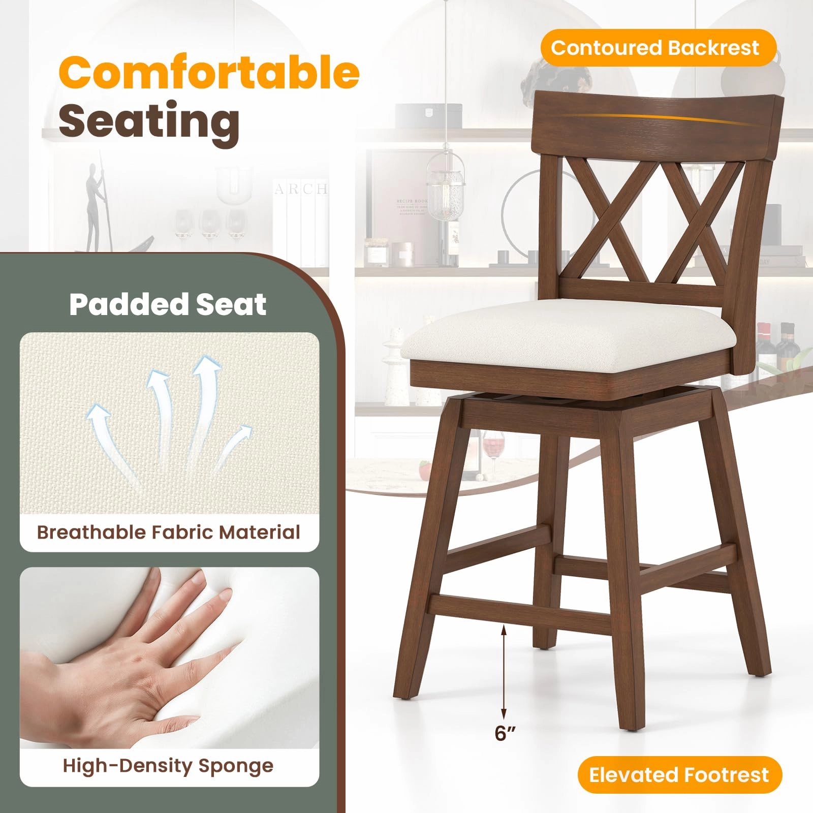 Giantex Counter Height Bar Stool with Crossed Backs and Rubber Wood Legs