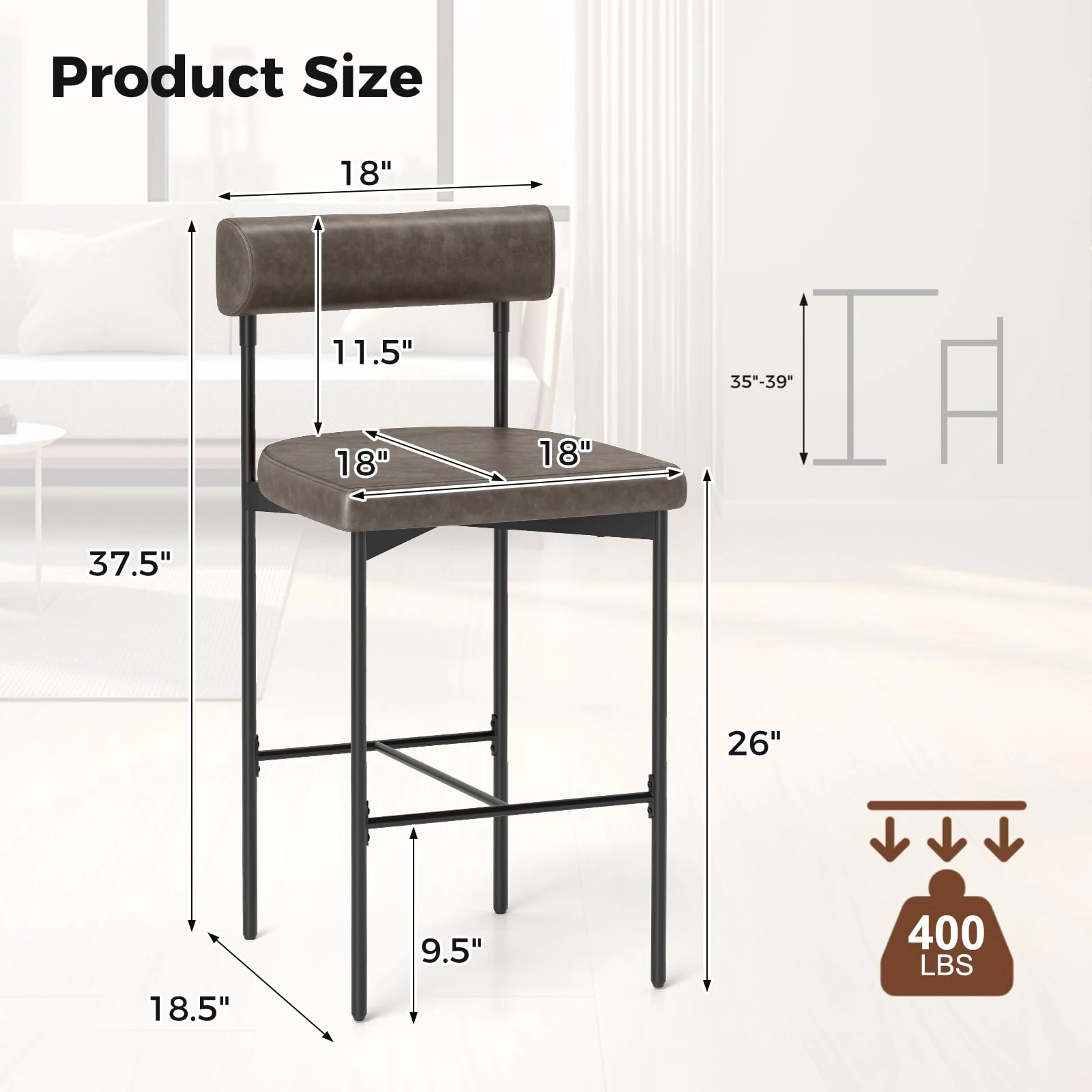 Giantex Counter Height Bar Stools, 26 Inch Upholstered Bar Chairs with Back