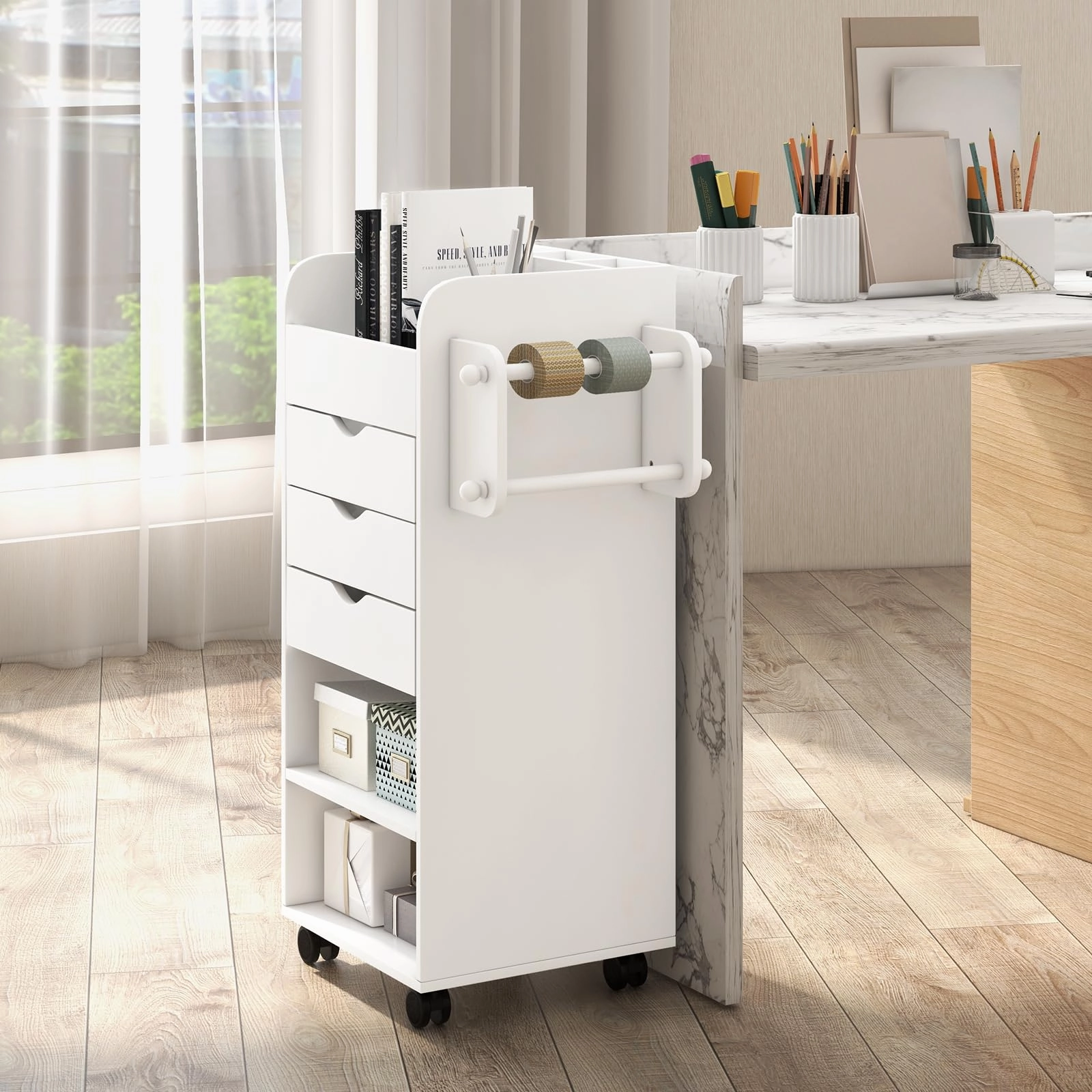 Giantex Craft Storage Cart - Utility Organizer Cart with 3 Drawers, 3 Shelves (White)