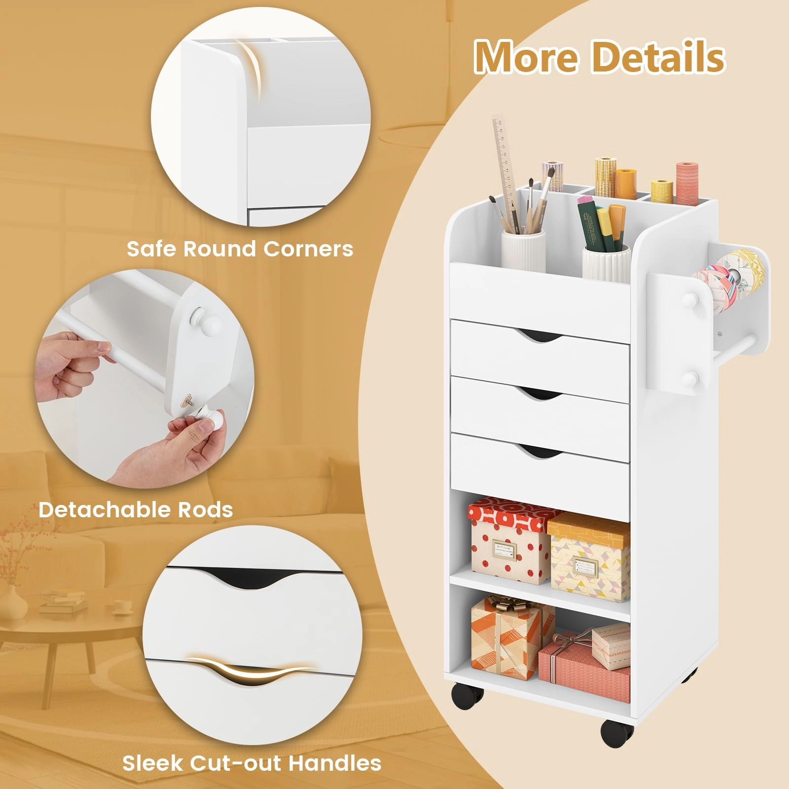 Giantex Craft Storage Cart - Utility Organizer Cart with 3 Drawers, 3 Shelves (White)