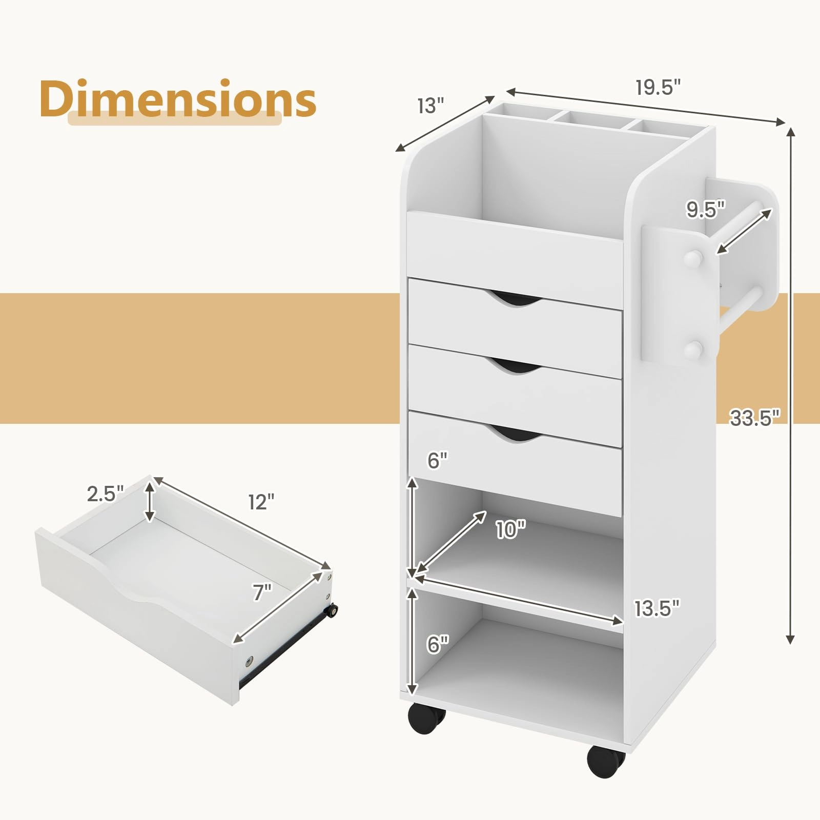 Giantex Craft Storage Cart - Utility Organizer Cart with 3 Drawers, 3 Shelves (White)