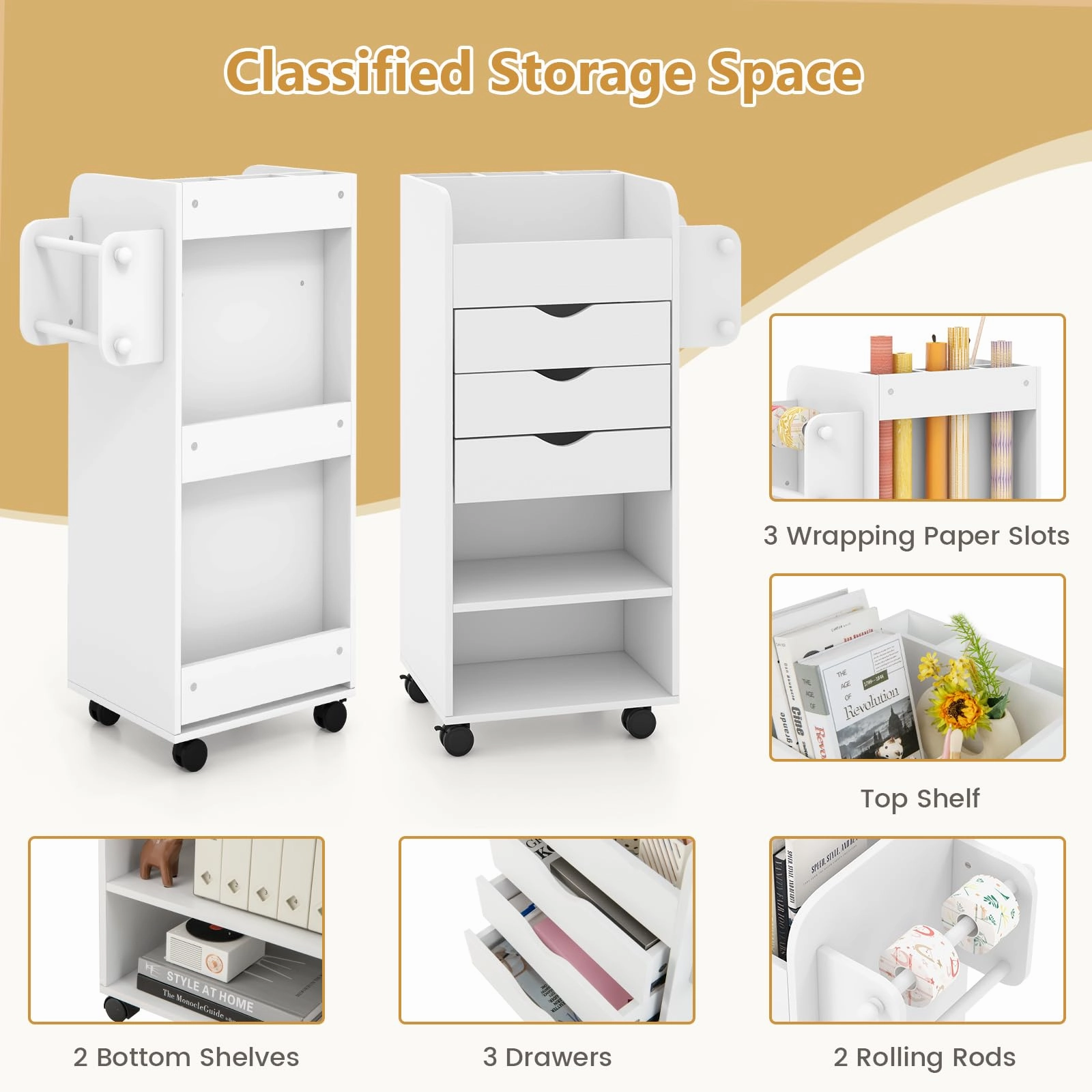 Giantex Craft Storage Cart - Utility Organizer Cart with 3 Drawers, 3 Shelves (White)