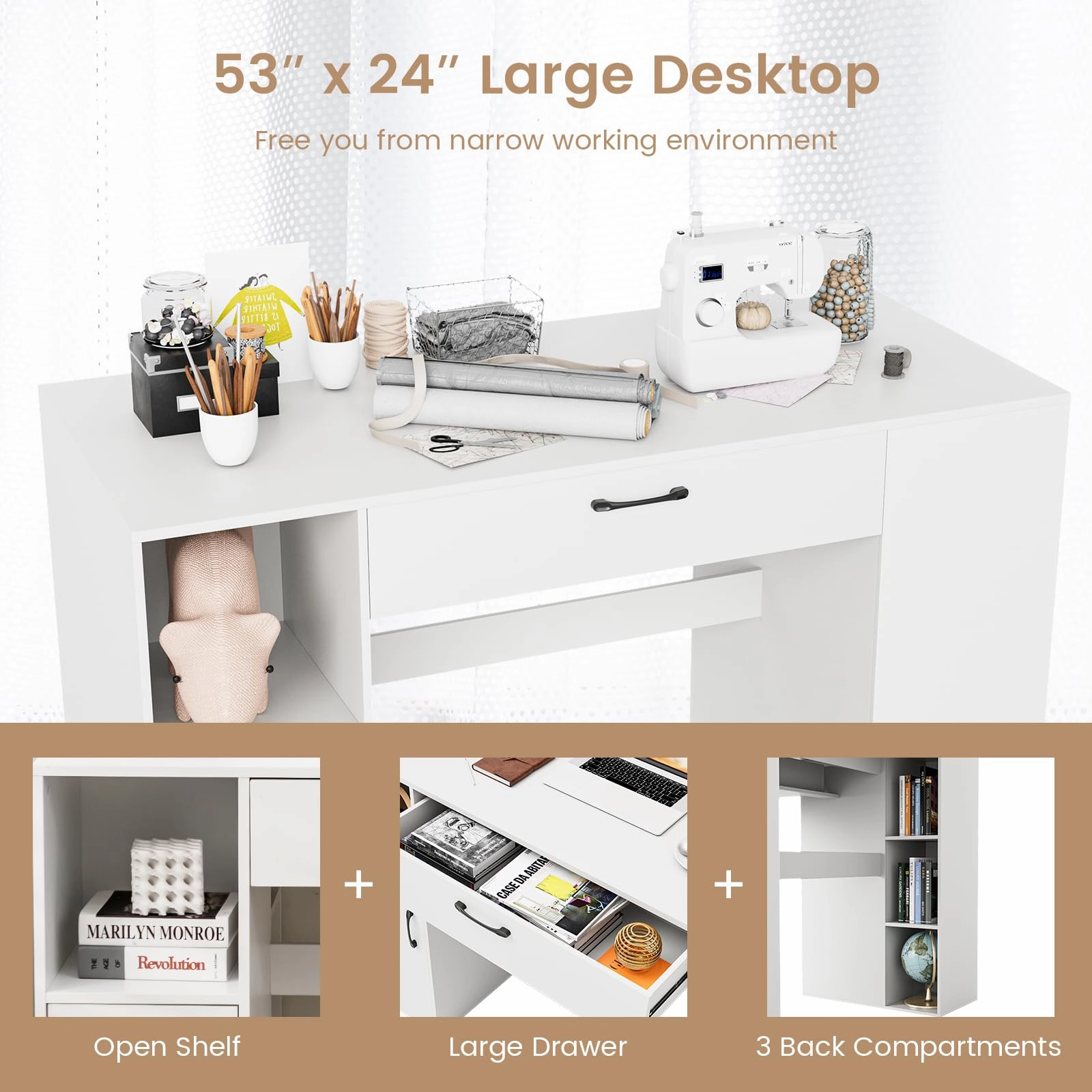 Giantex Craft Table with Storage, Artwork Sewing Table 14 Large & Small Storage Compartments