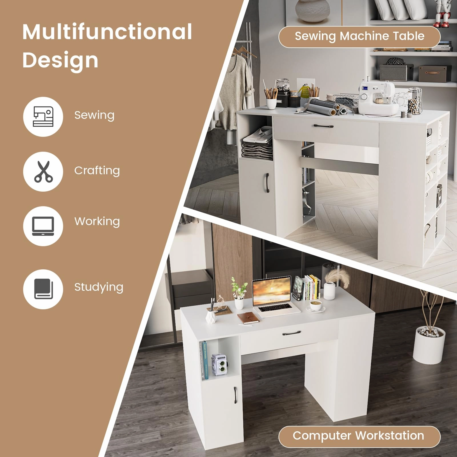 Giantex Craft Table with Storage, Artwork Sewing Table 14 Large & Small Storage Compartments