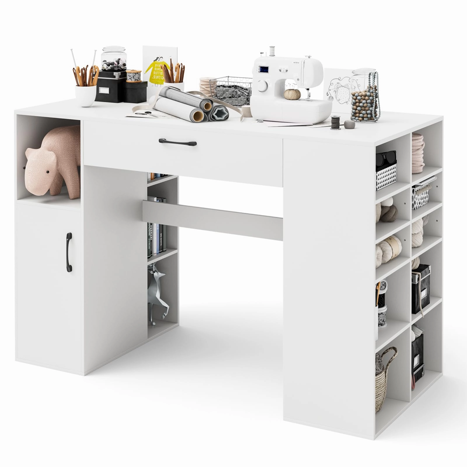 Giantex Craft Table with Storage, Artwork Sewing Table 14 Large & Small Storage Compartments
