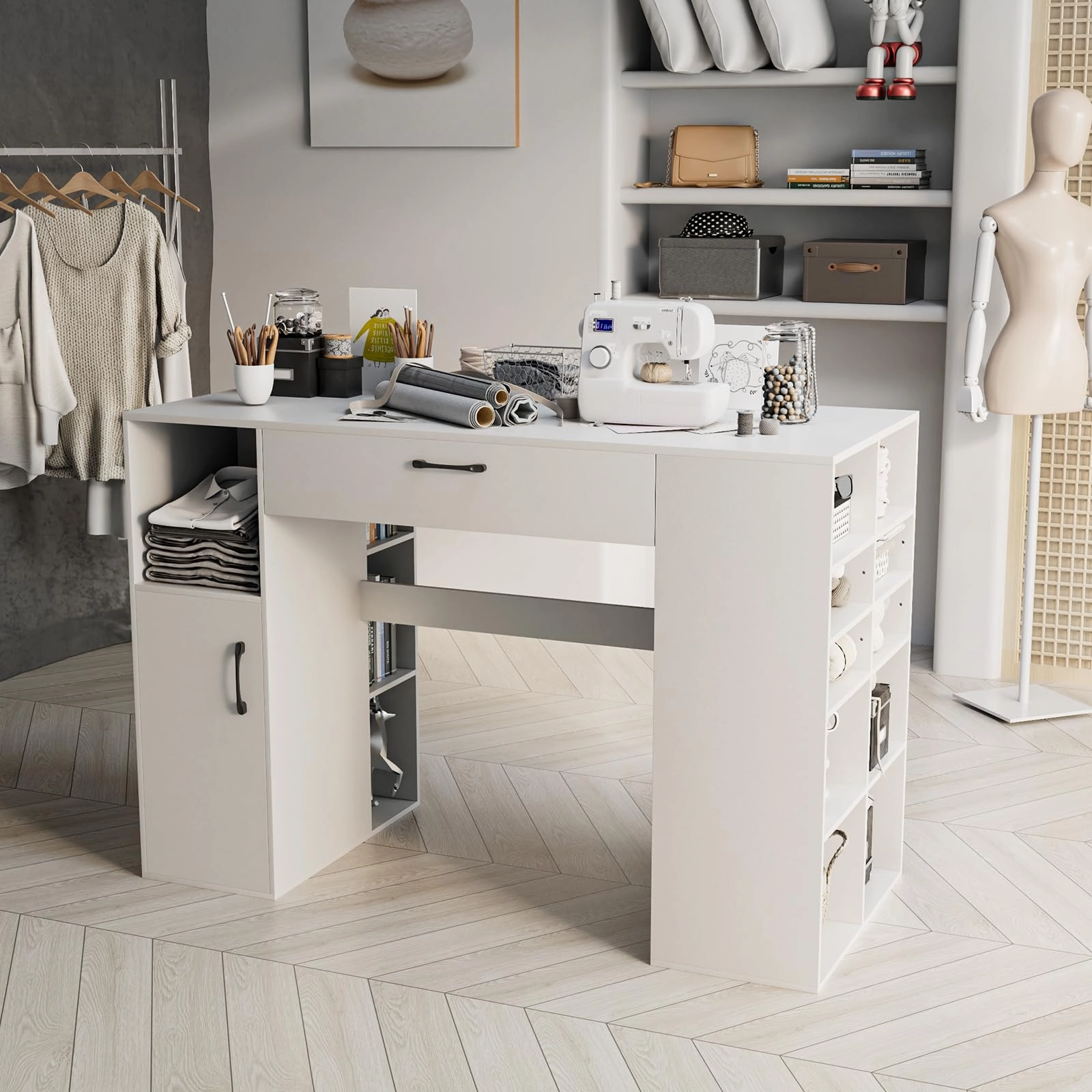 Giantex Craft Table with Storage, Artwork Sewing Table 14 Large & Small Storage Compartments