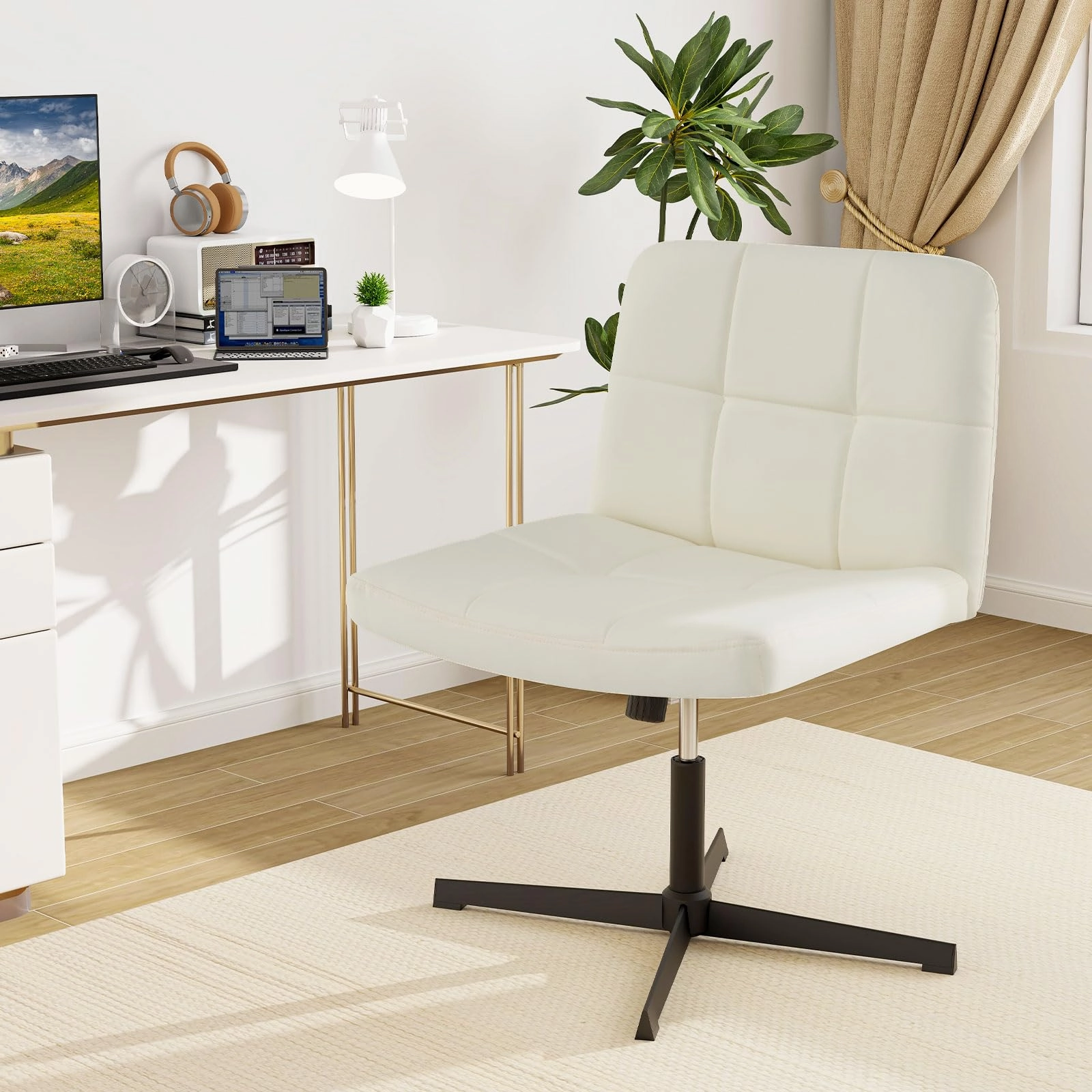 Giantex Criss Cross Chair, PU Leather Cross Legged Office Chair No Wheels, Height-adjustable Swivel Vanity Chair with U-shaped Seat