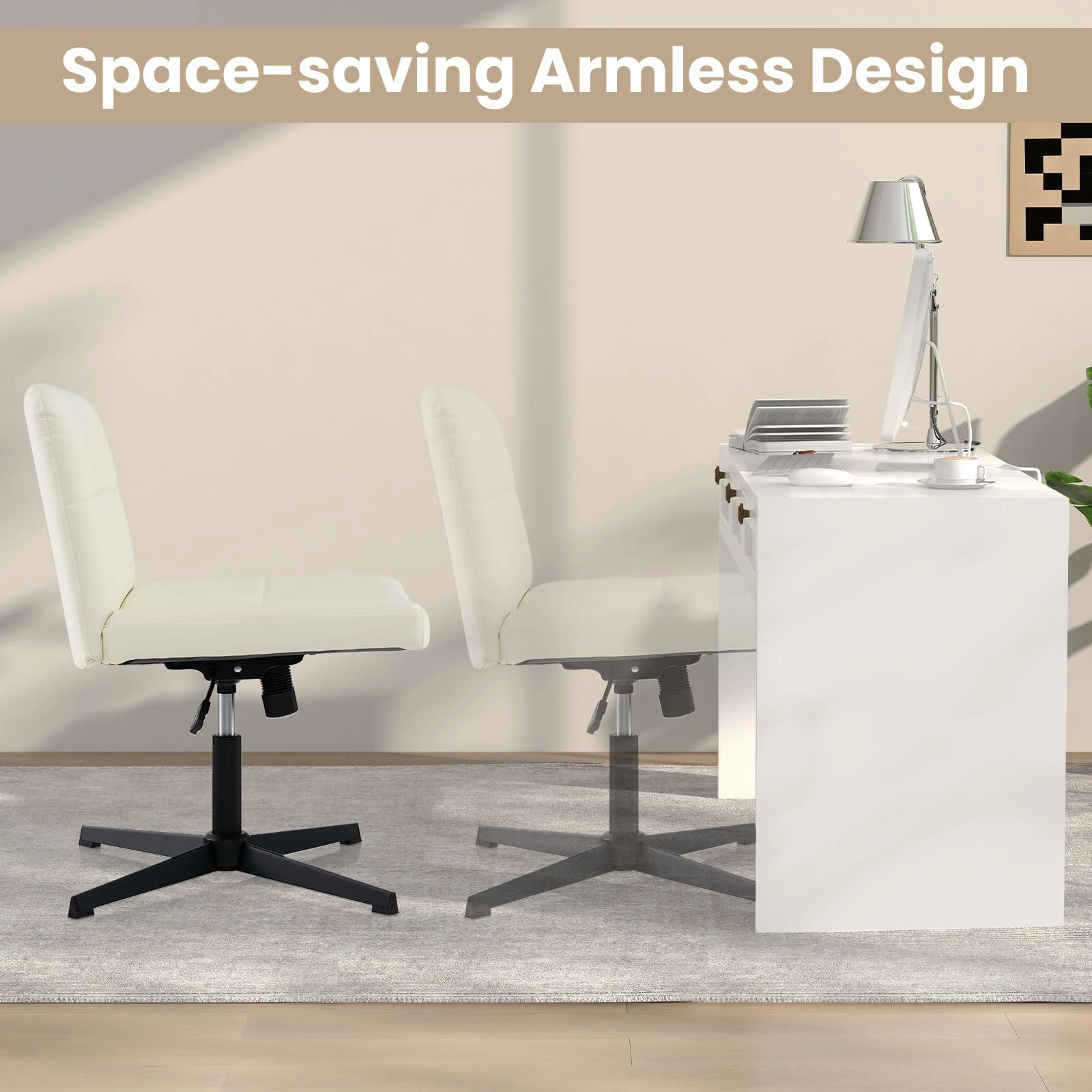 Giantex Criss Cross Chair, PU Leather Cross Legged Office Chair No Wheels, Height-adjustable Swivel Vanity Chair with U-shaped Seat