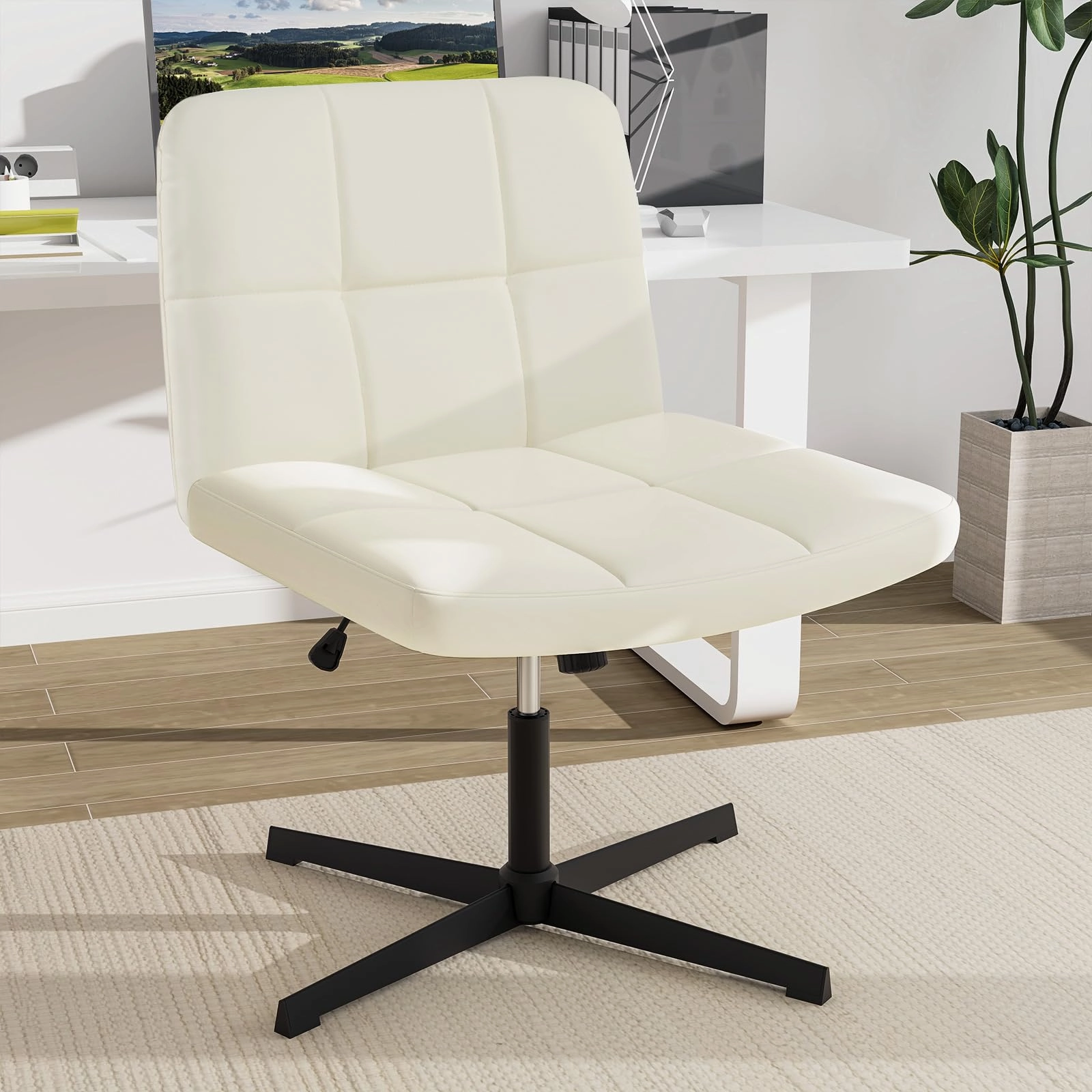 Giantex Criss Cross Chair, PU Leather Cross Legged Office Chair No Wheels, Height-adjustable Swivel Vanity Chair with U-shaped Seat